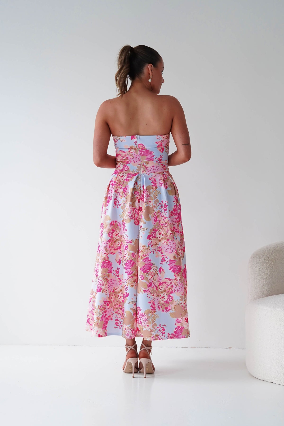 Danni Strapless Bandeau Midi Dress | Blue/Pink-Oh Hello Clothing