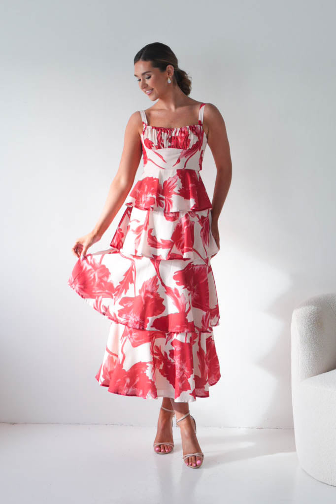 Denisa Floral Print Ruffle Maxi Dress | Red-Oh Hello Clothing