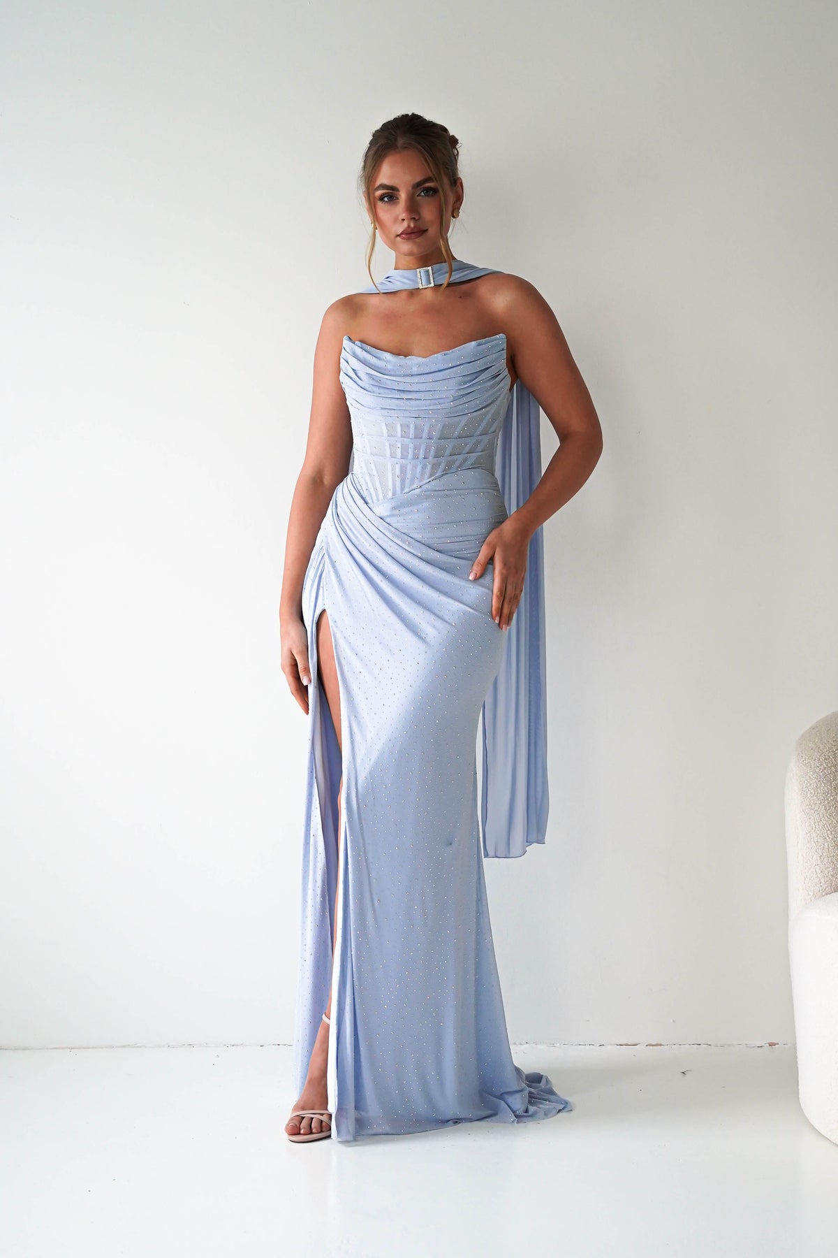 Diana Draped Strapless Rhinestone Gown | Blue-Oh Hello Clothing