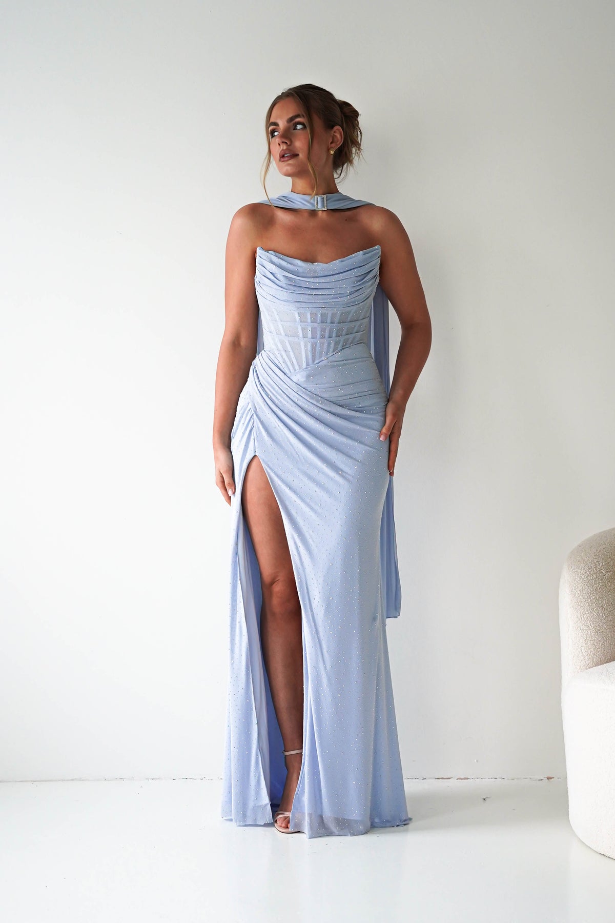 Diana Draped Strapless Rhinestone Gown | Blue-Oh Hello Clothing