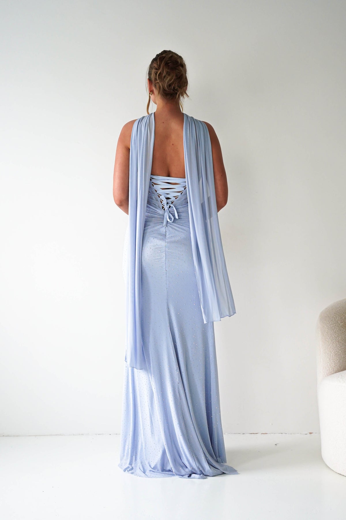 Diana Draped Strapless Rhinestone Gown | Blue-Oh Hello Clothing