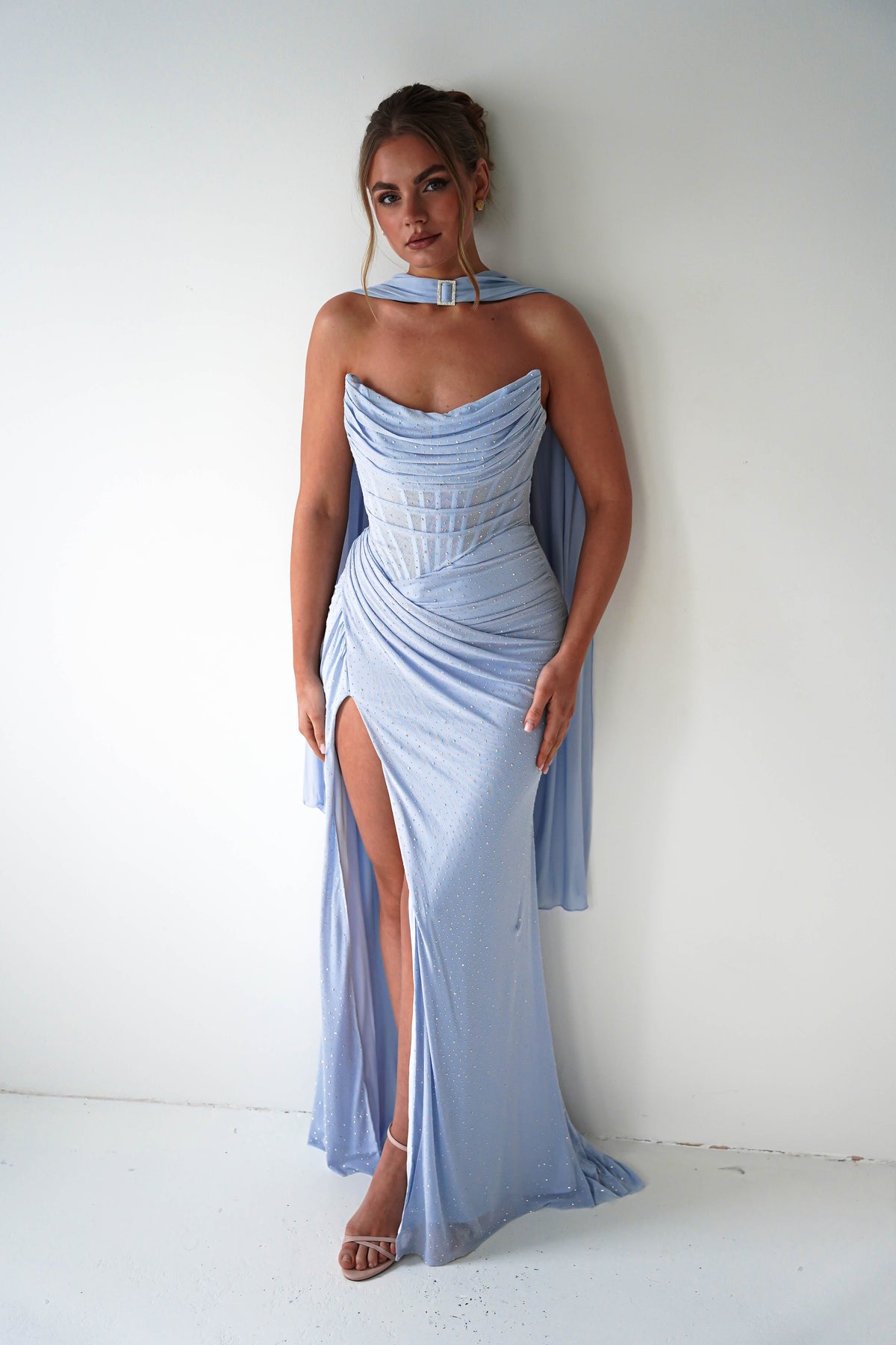 Diana Draped Strapless Rhinestone Gown | Blue-Oh Hello Clothing