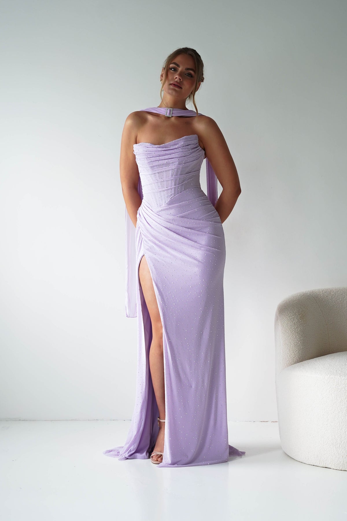 Diana Draped Strapless Rhinestone Gown | Lavender-Oh Hello Clothing