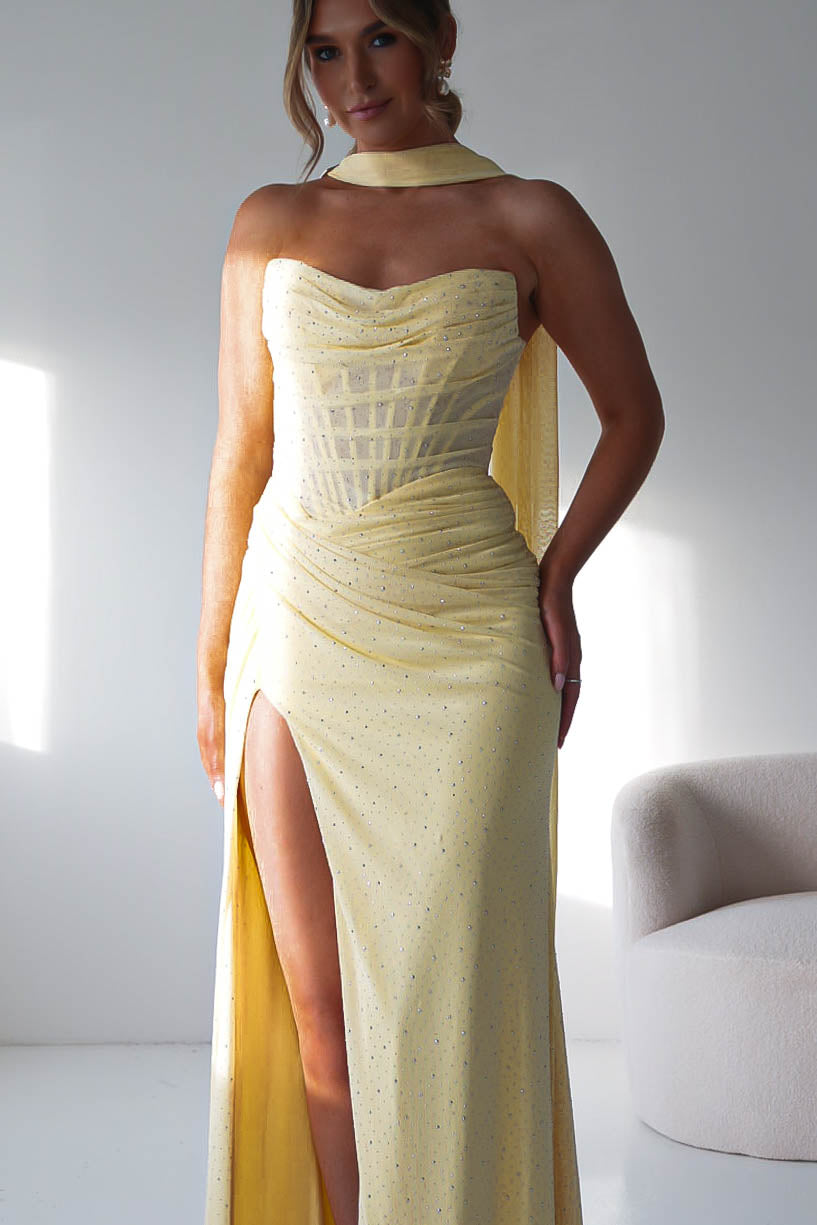 Diana Draped Strapless Rhinestone Gown | Yellow-Oh Hello Clothing