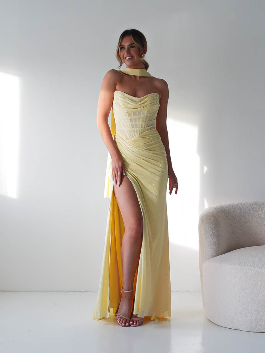 Diana Draped Strapless Rhinestone Gown | Yellow-Oh Hello Clothing