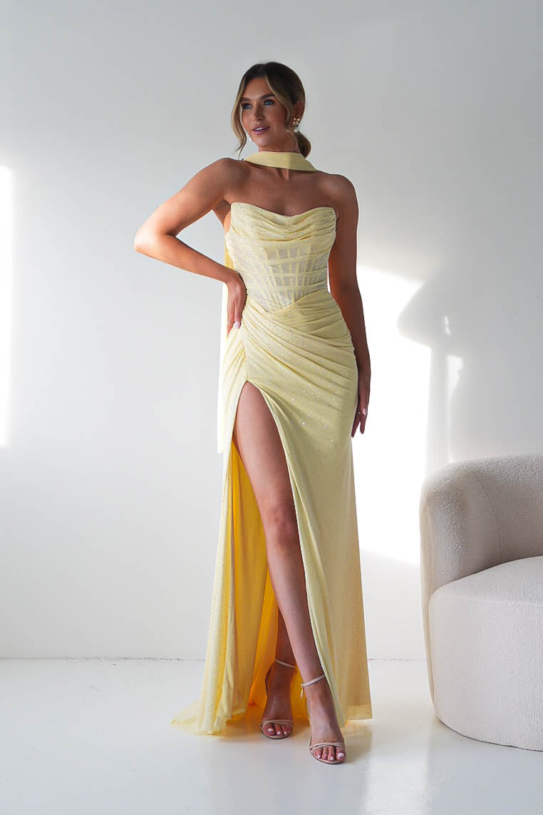 Diana Draped Strapless Rhinestone Gown | Yellow-Oh Hello Clothing
