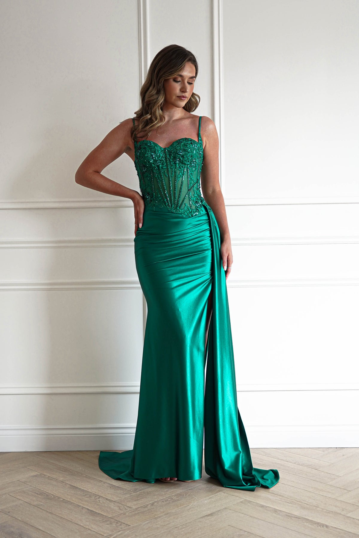 Diva Embellished Corset Gown | Emerald Green-Oh Hello Clothing