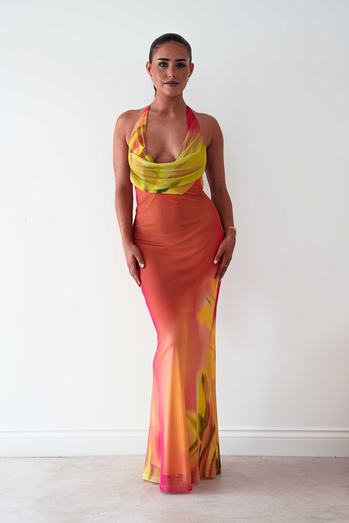 Doja Abstract Print Halterneck Maxi Dress | Sunset