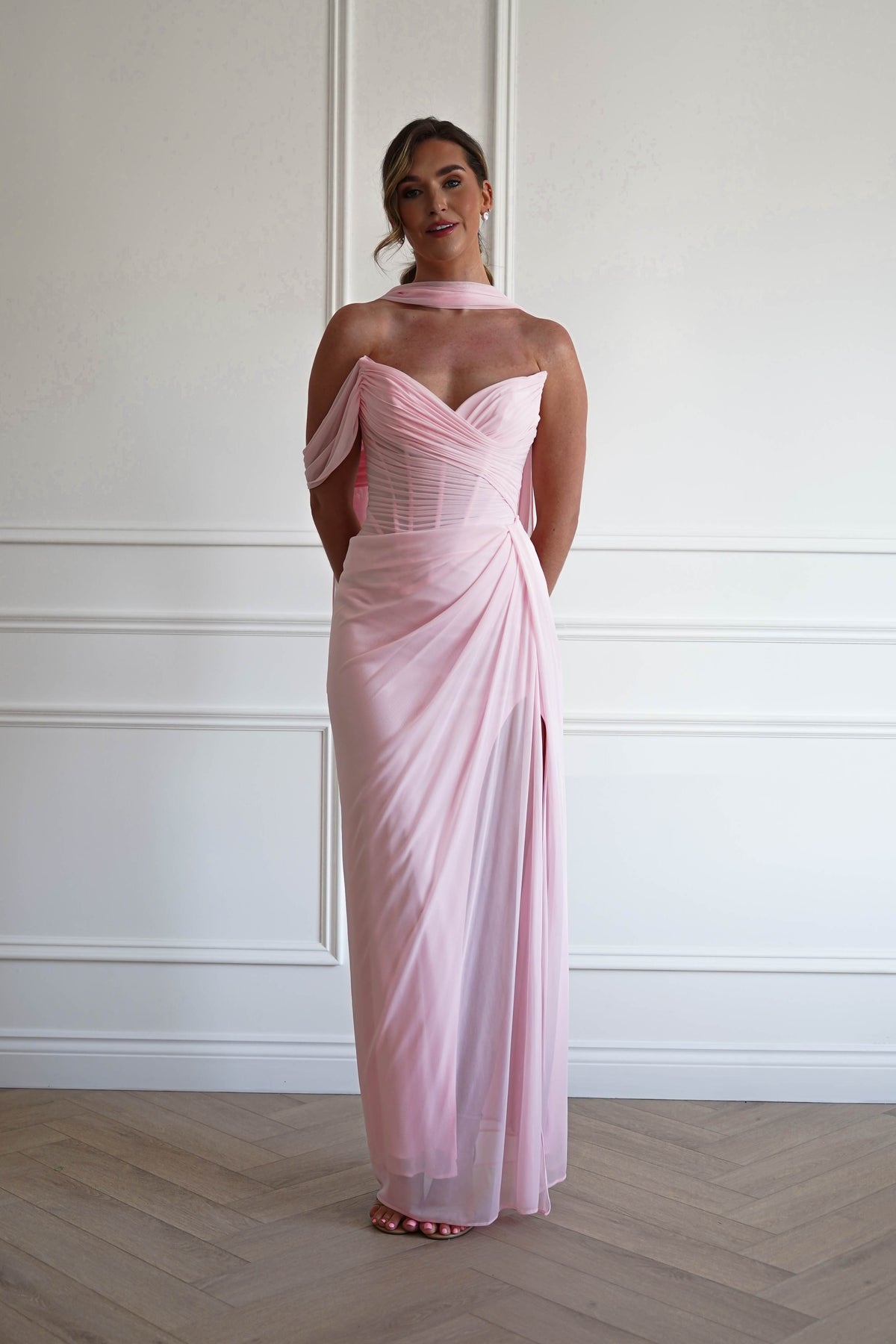 Donatella Draped Strapless Maxi Gown | Pink-Oh Hello Clothing