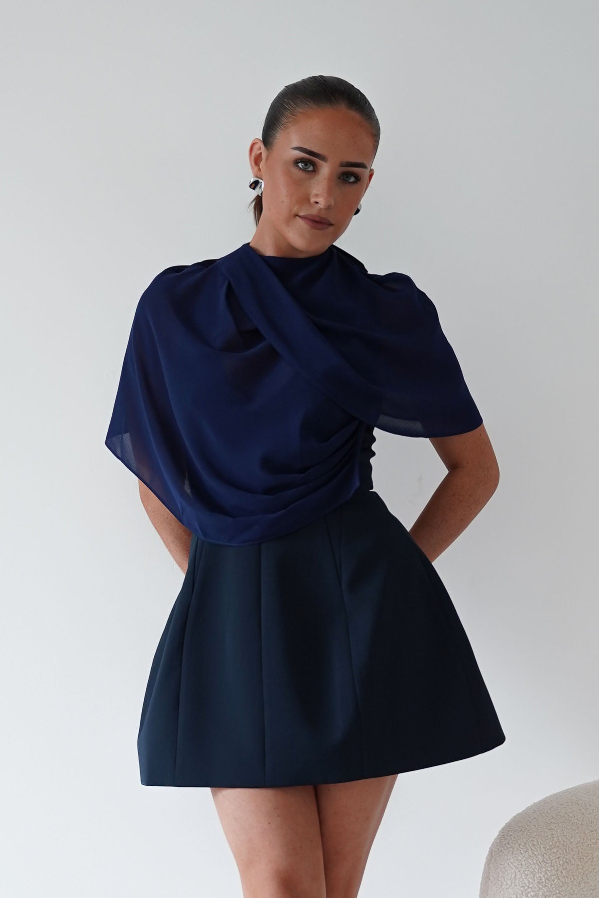 Oh Hello Clothing Top ONE SIZE Elegant Draped Cape | Navy