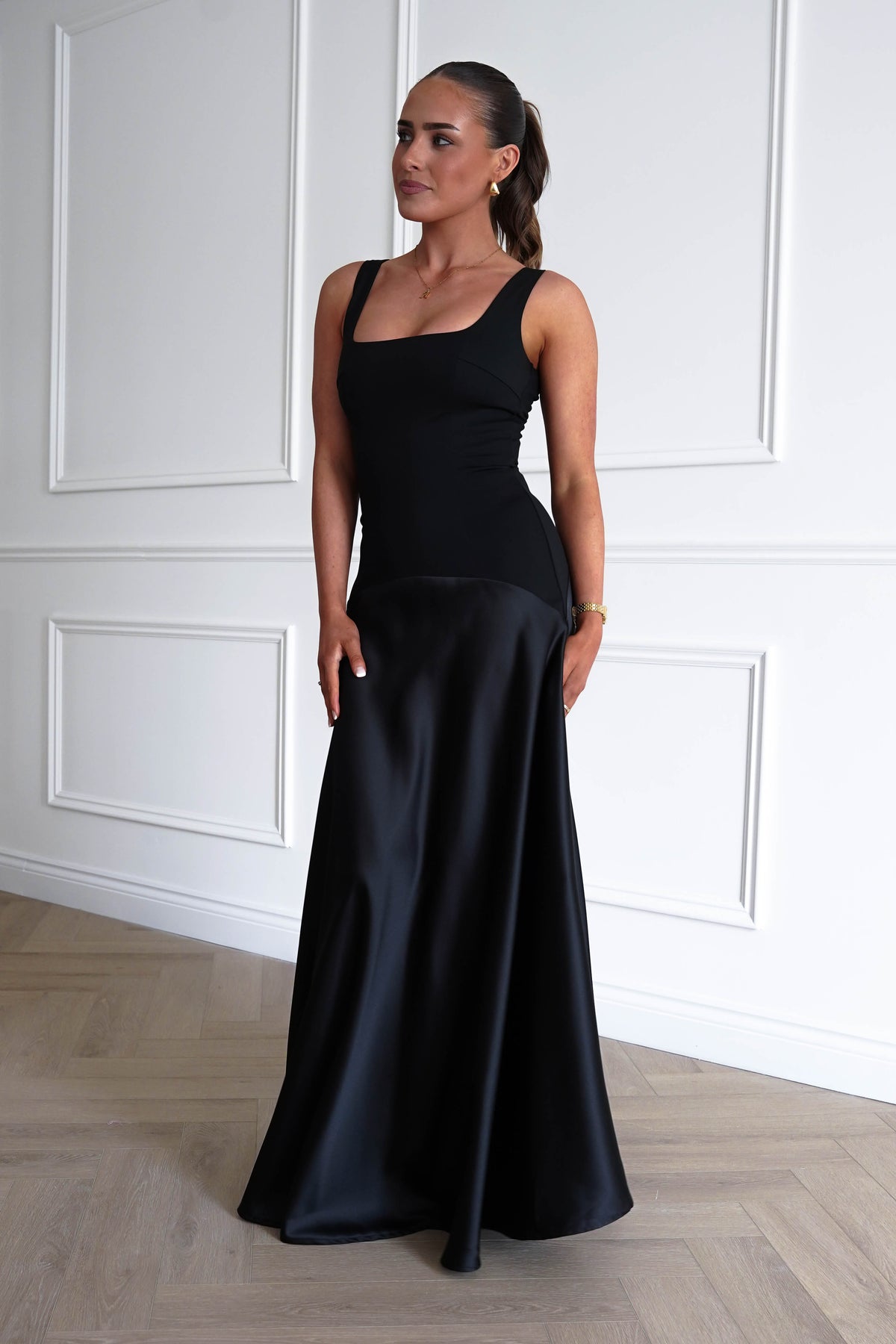 Elena Square Neck Soft Satin Maxi Dress | Black-Oh Hello Clothing