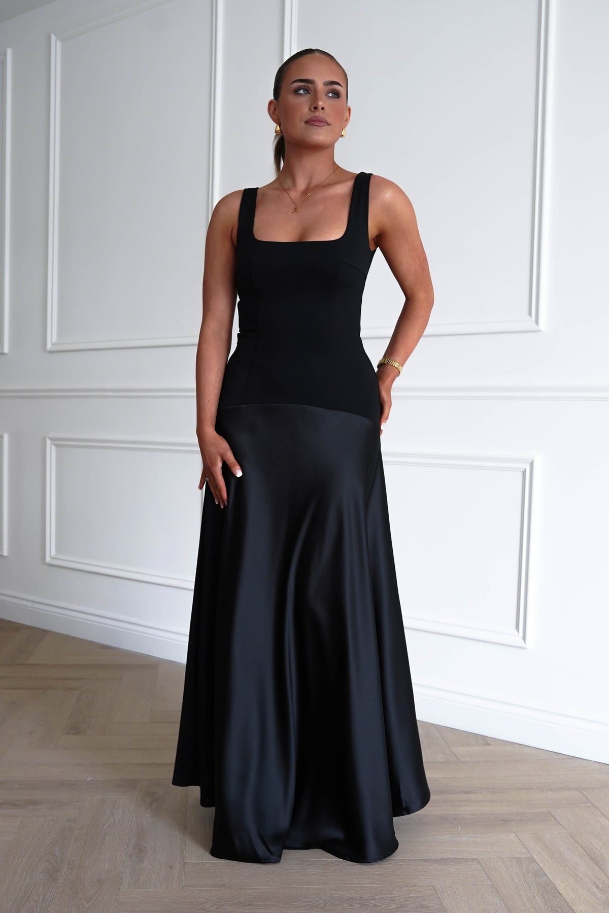 Elena Square Neck Soft Satin Maxi Dress | Black-Oh Hello Clothing
