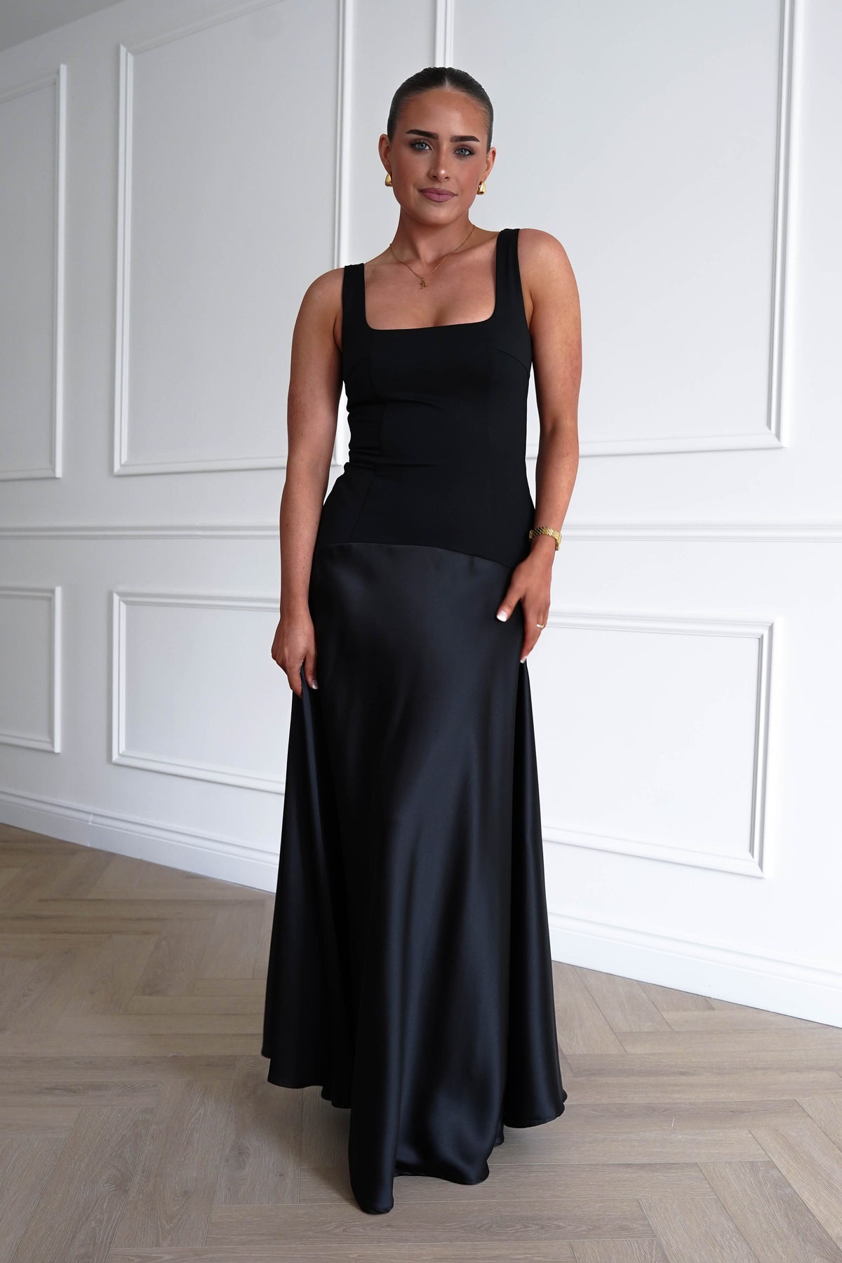 Elena Square Neck Soft Satin Maxi Dress | Black-Oh Hello Clothing