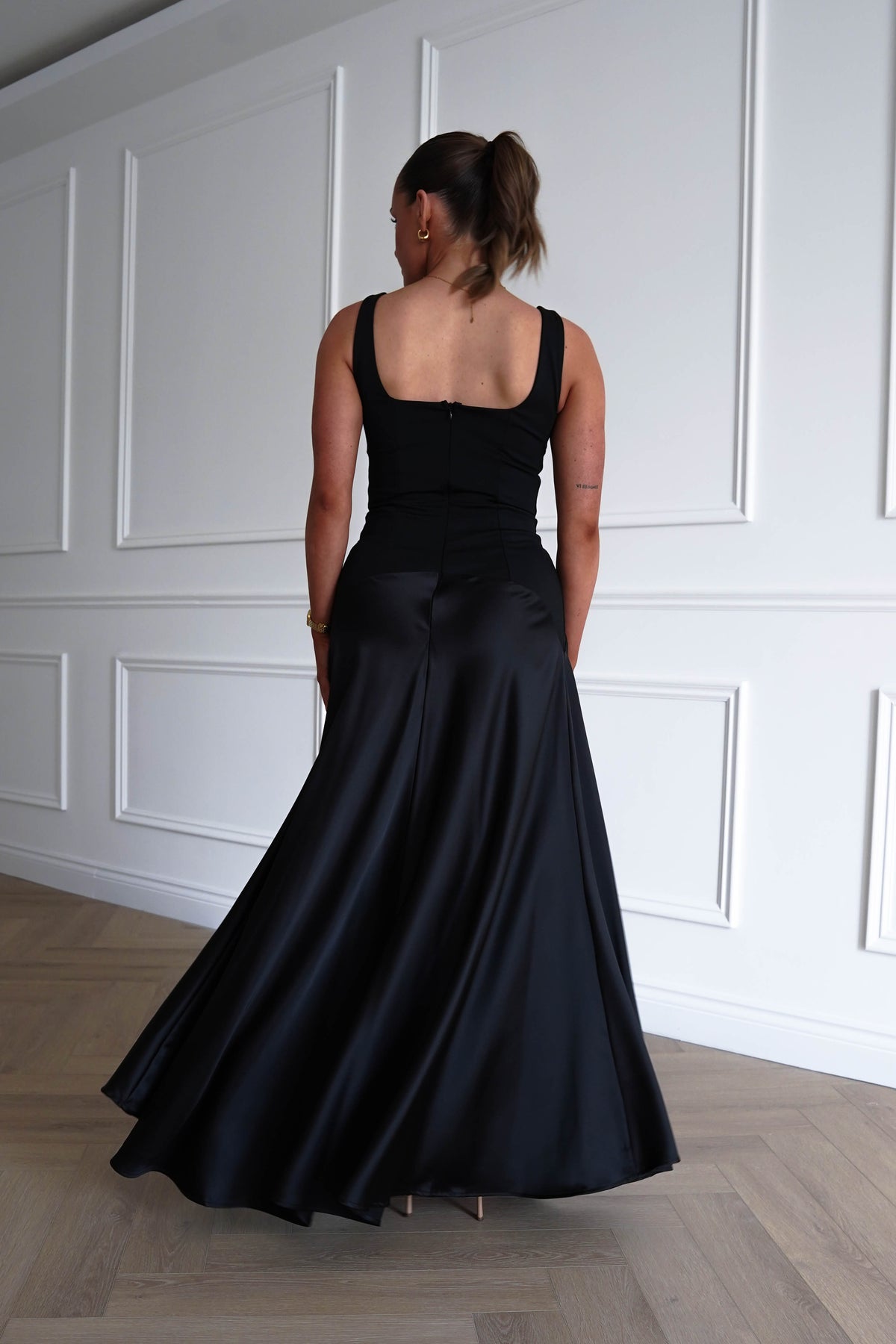 Elena Square Neck Soft Satin Maxi Dress | Black-Oh Hello Clothing