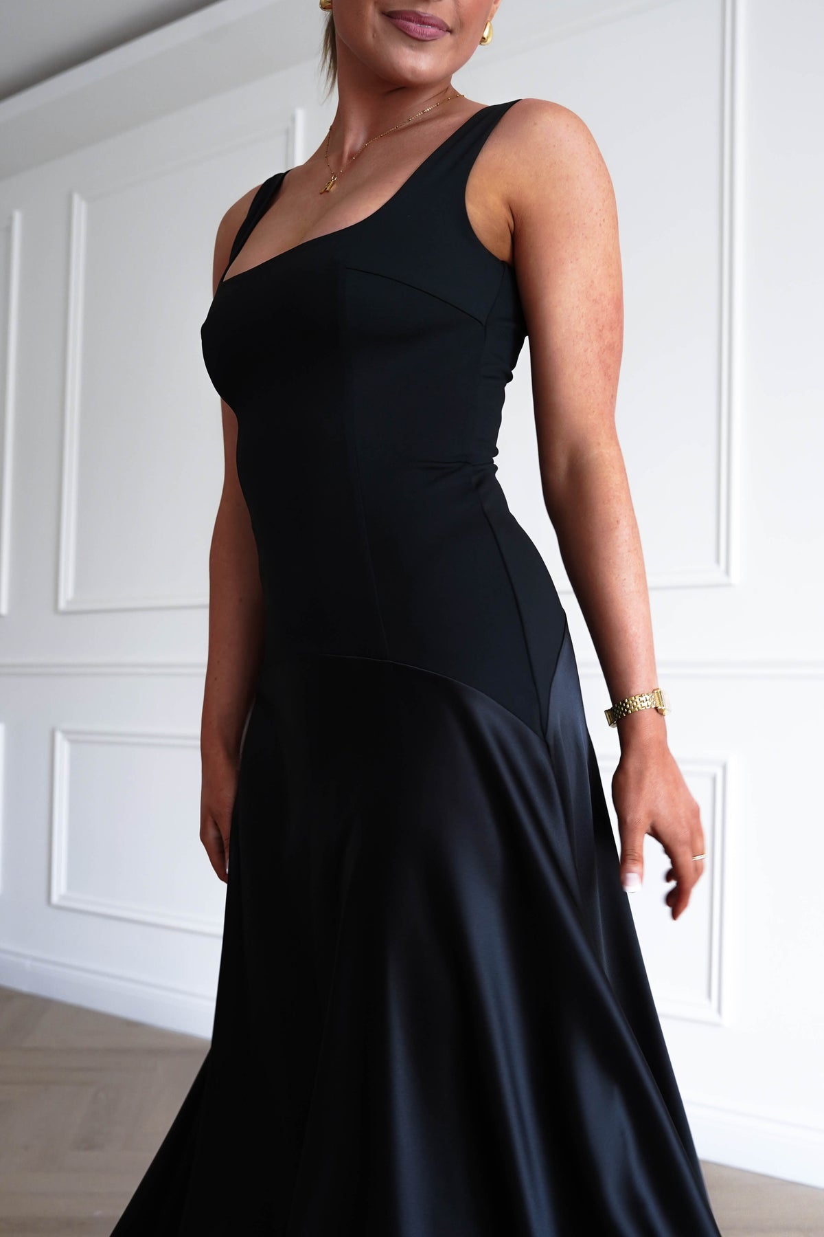 Elena Square Neck Soft Satin Maxi Dress | Black-Oh Hello Clothing