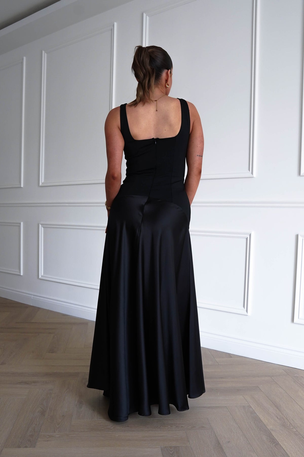 Elena Square Neck Soft Satin Maxi Dress | Black-Oh Hello Clothing
