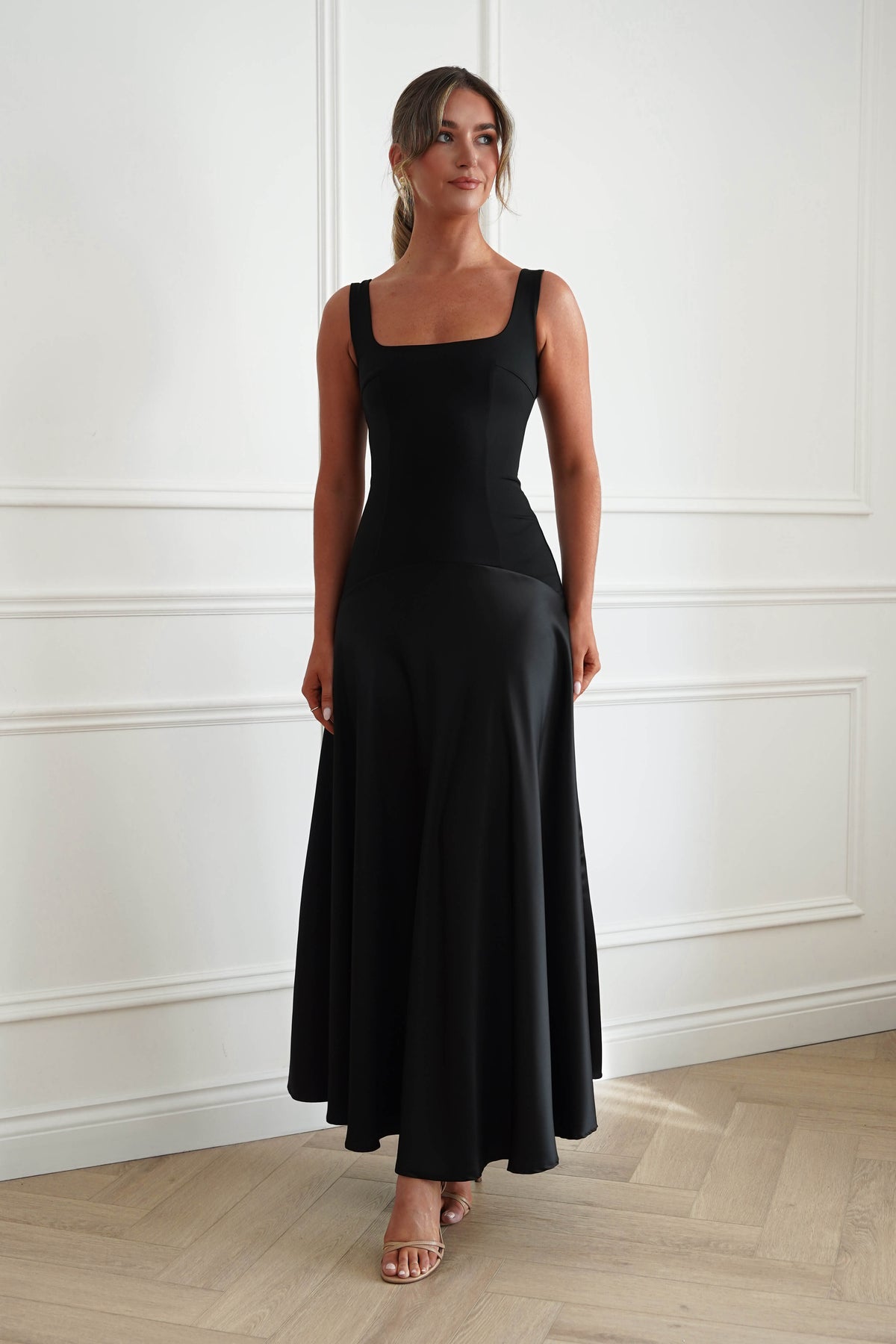 Elena Square Neck Soft Satin Maxi Dress | Black-Oh Hello Clothing