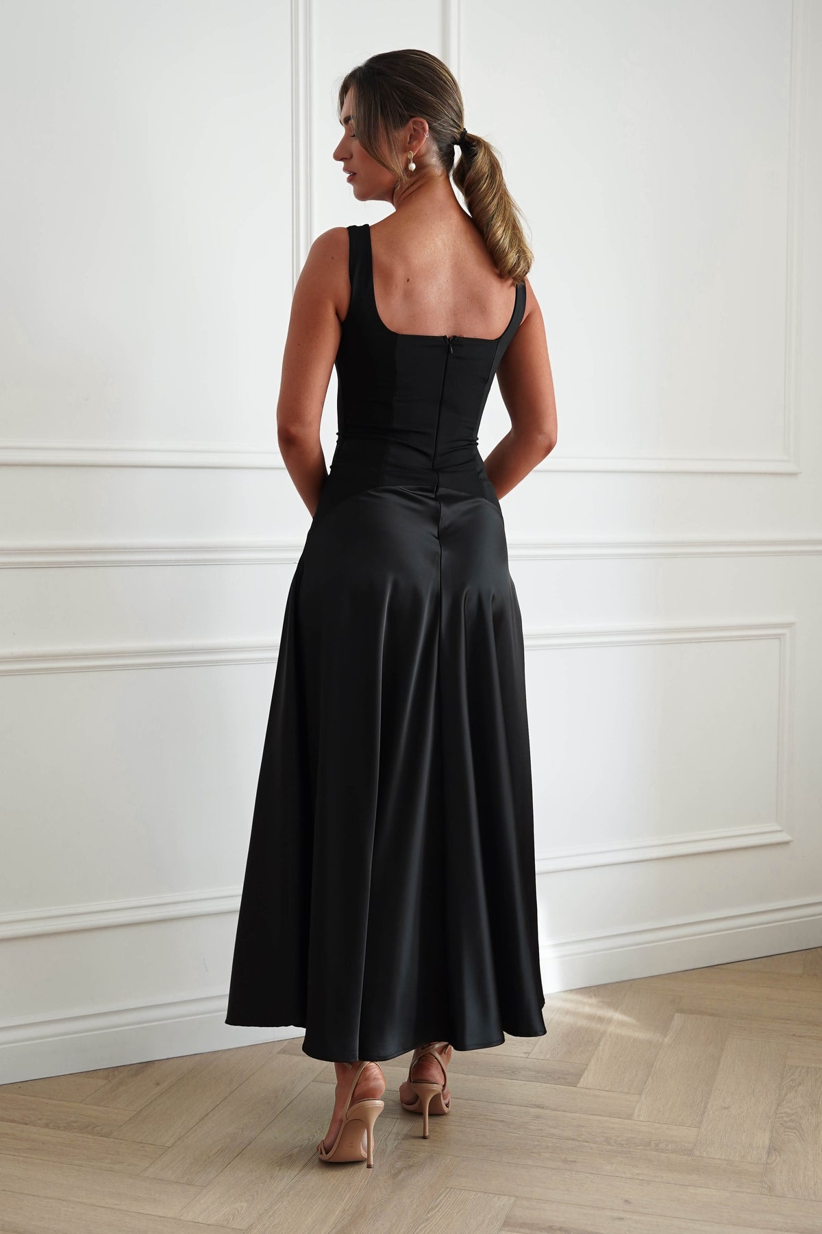 Elena Square Neck Soft Satin Maxi Dress | Black-Oh Hello Clothing