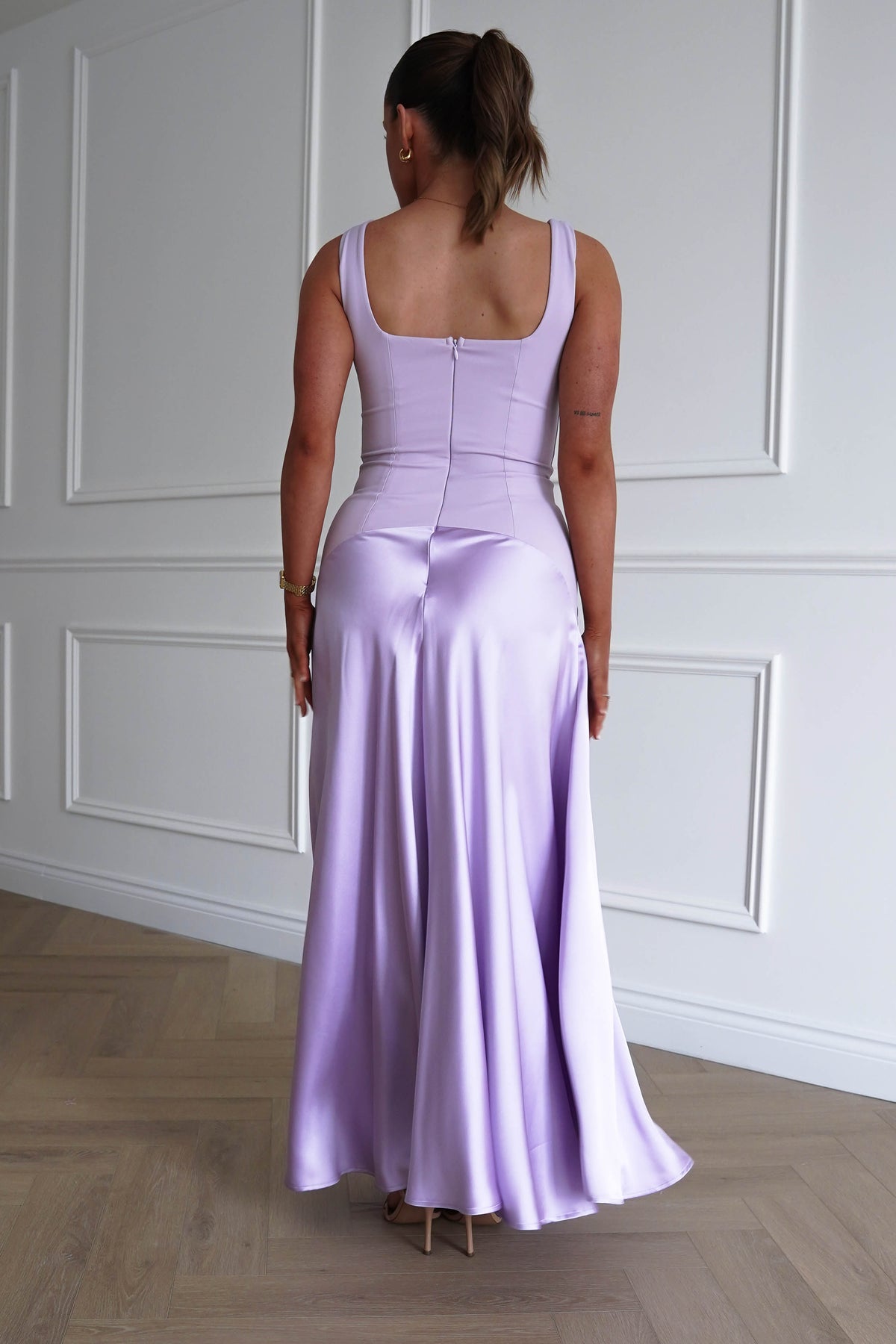 Elena Square Neck Soft Satin Maxi Dress | Lilac-Oh Hello Clothing