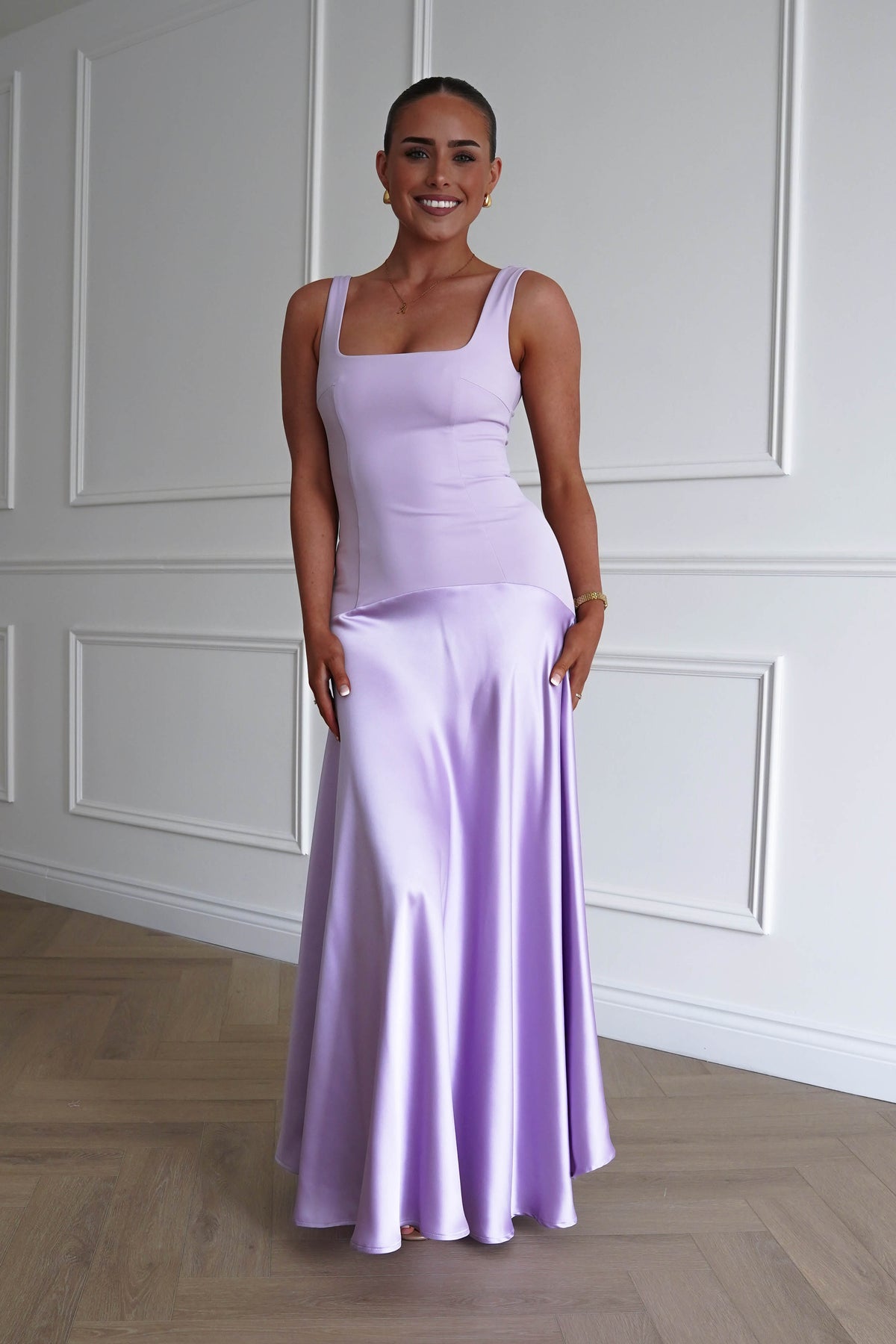 Elena Square Neck Soft Satin Maxi Dress | Lilac-Oh Hello Clothing