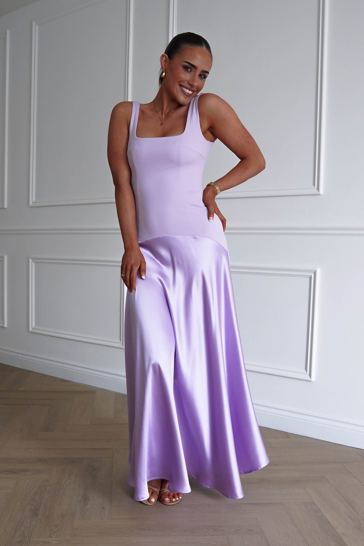 Elena Square Neck Soft Satin Maxi Dress | Lilac-Oh Hello Clothing