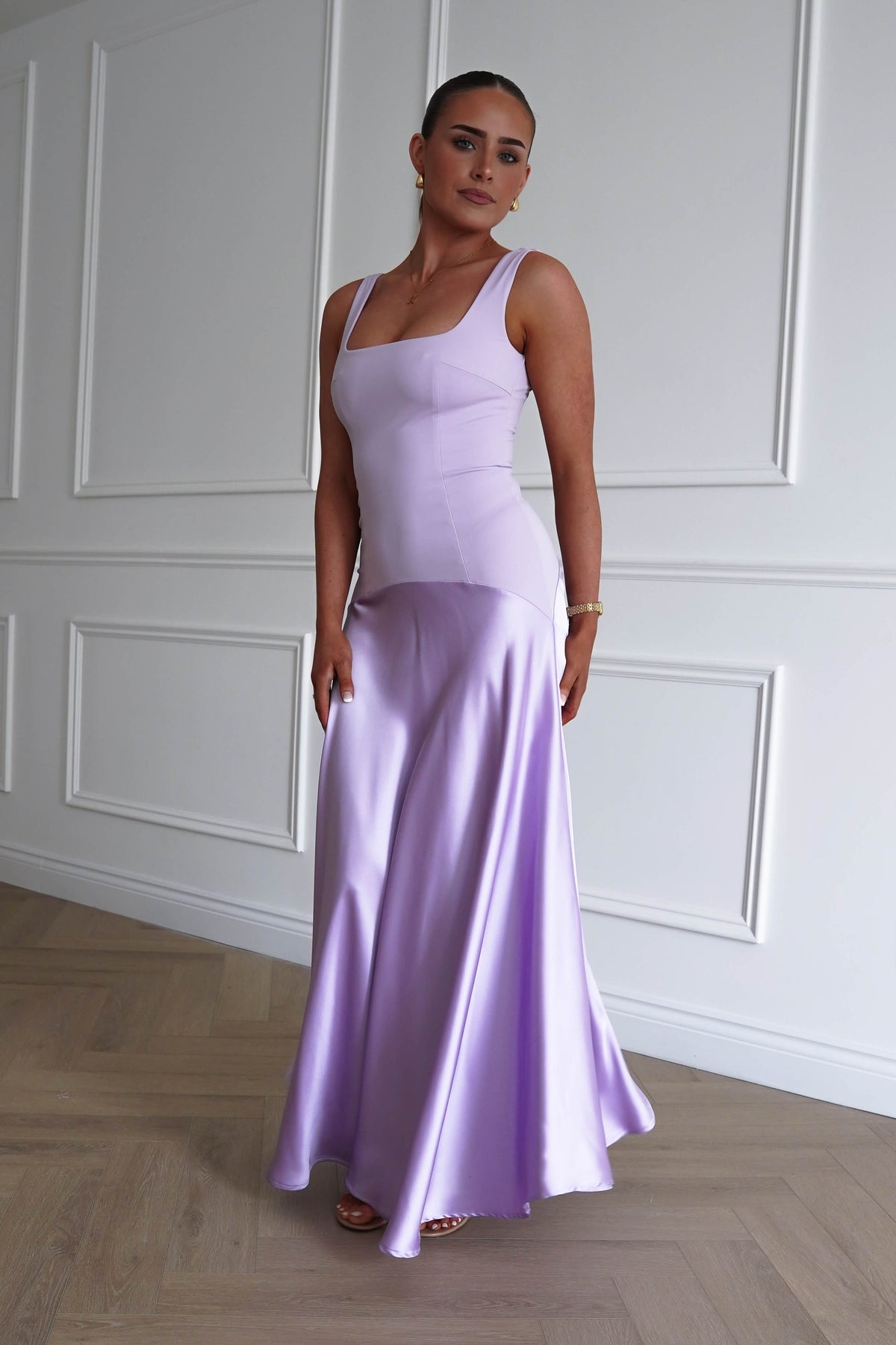 Elena Square Neck Soft Satin Maxi Dress | Lilac-Oh Hello Clothing