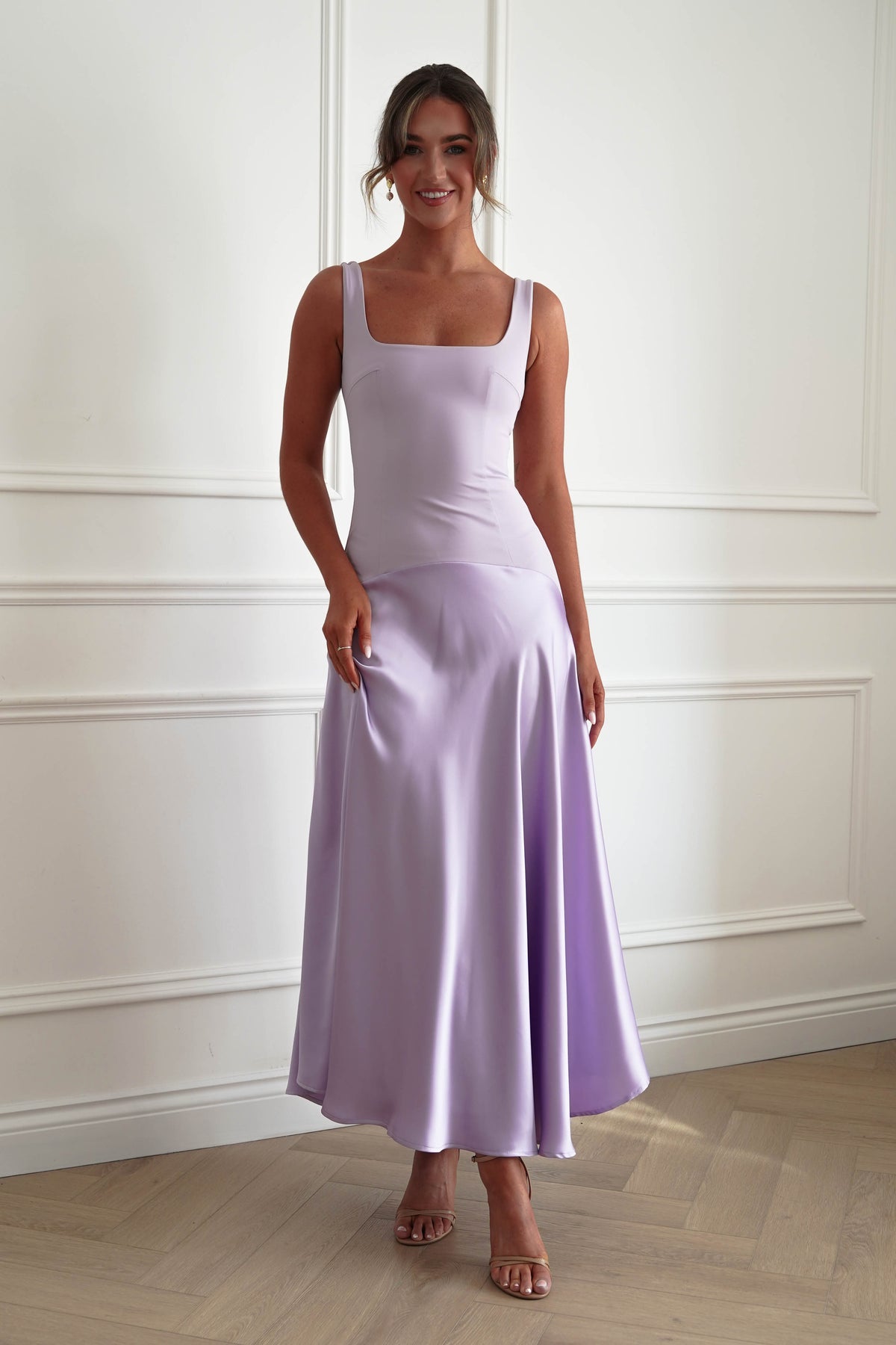 Elena Square Neck Soft Satin Maxi Dress | Lilac-Oh Hello Clothing