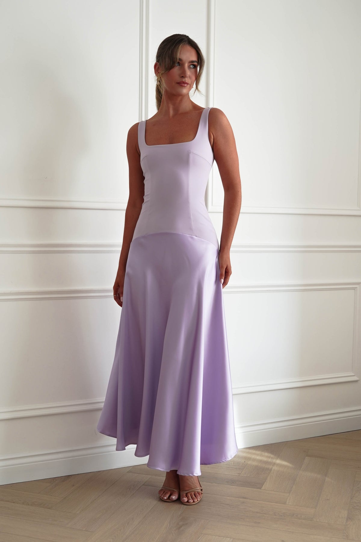 Elena Square Neck Soft Satin Maxi Dress | Lilac-Oh Hello Clothing