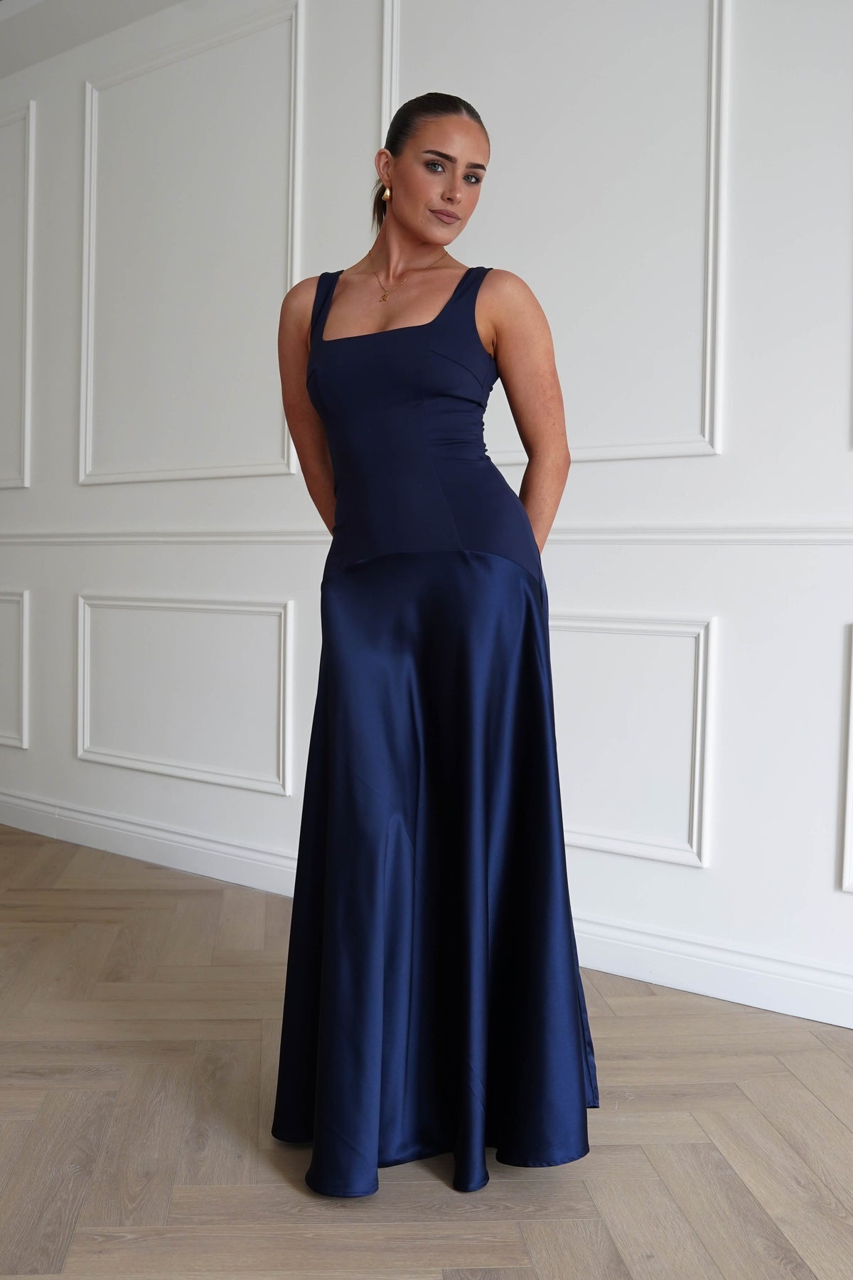 Elena Square Neck Soft Satin Maxi Dress | Navy-Oh Hello Clothing