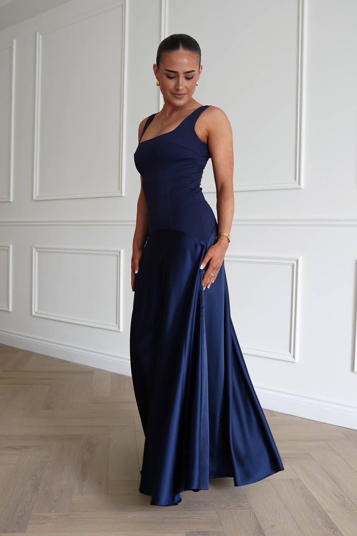 Elena Square Neck Soft Satin Maxi Dress | Navy-Oh Hello Clothing