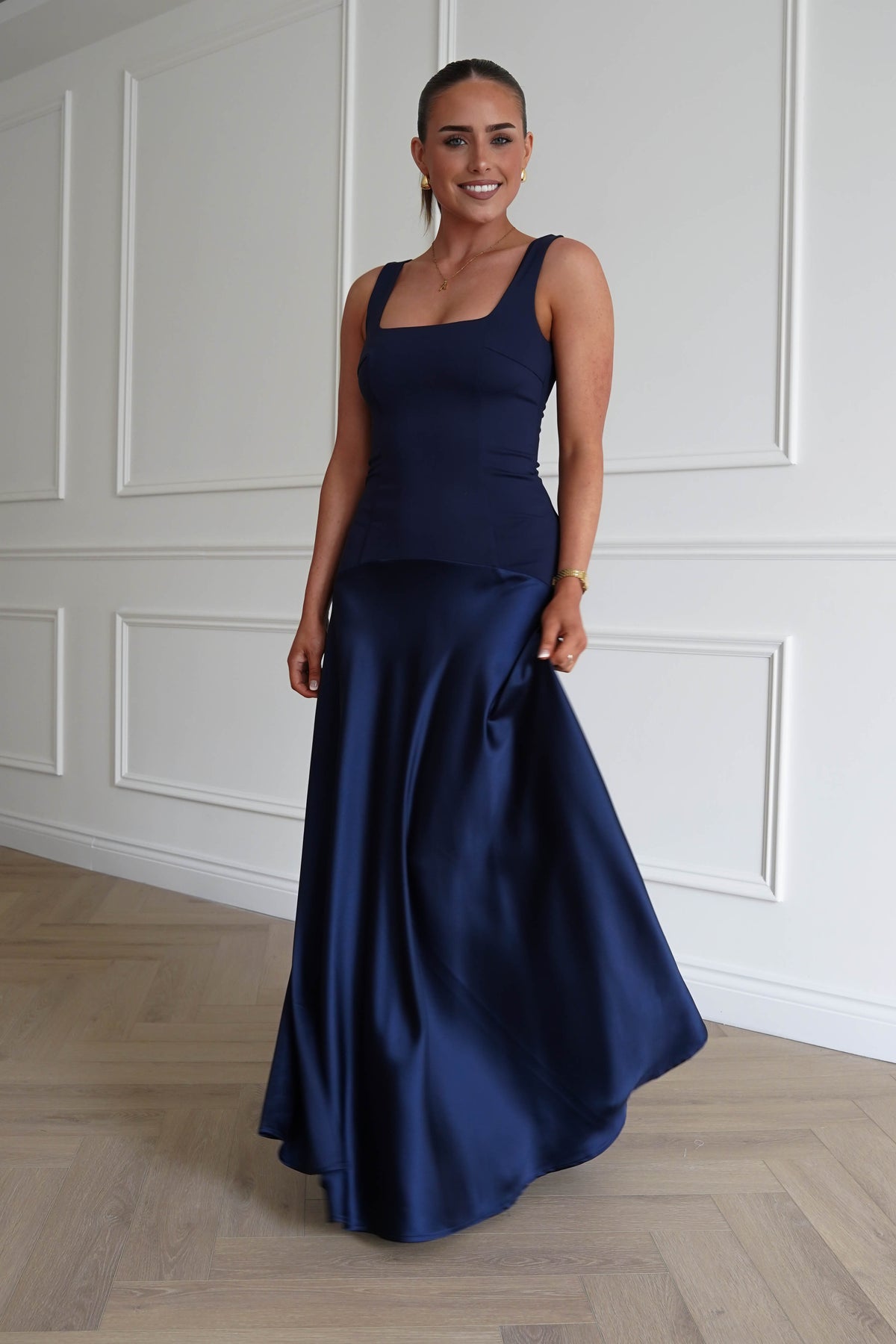 Elena Square Neck Soft Satin Maxi Dress | Navy-Oh Hello Clothing