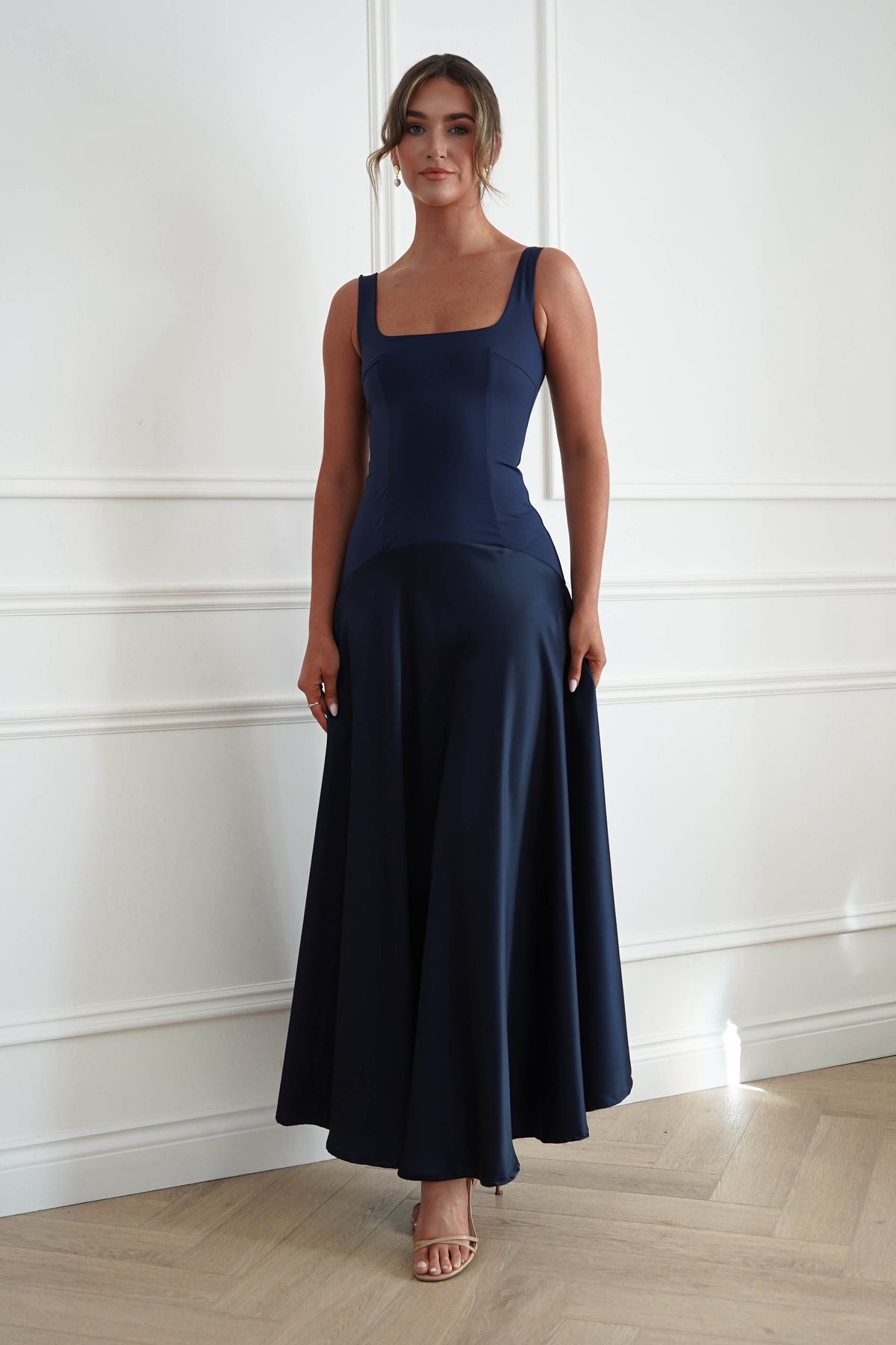 Elena Square Neck Soft Satin Maxi Dress | Navy-Oh Hello Clothing