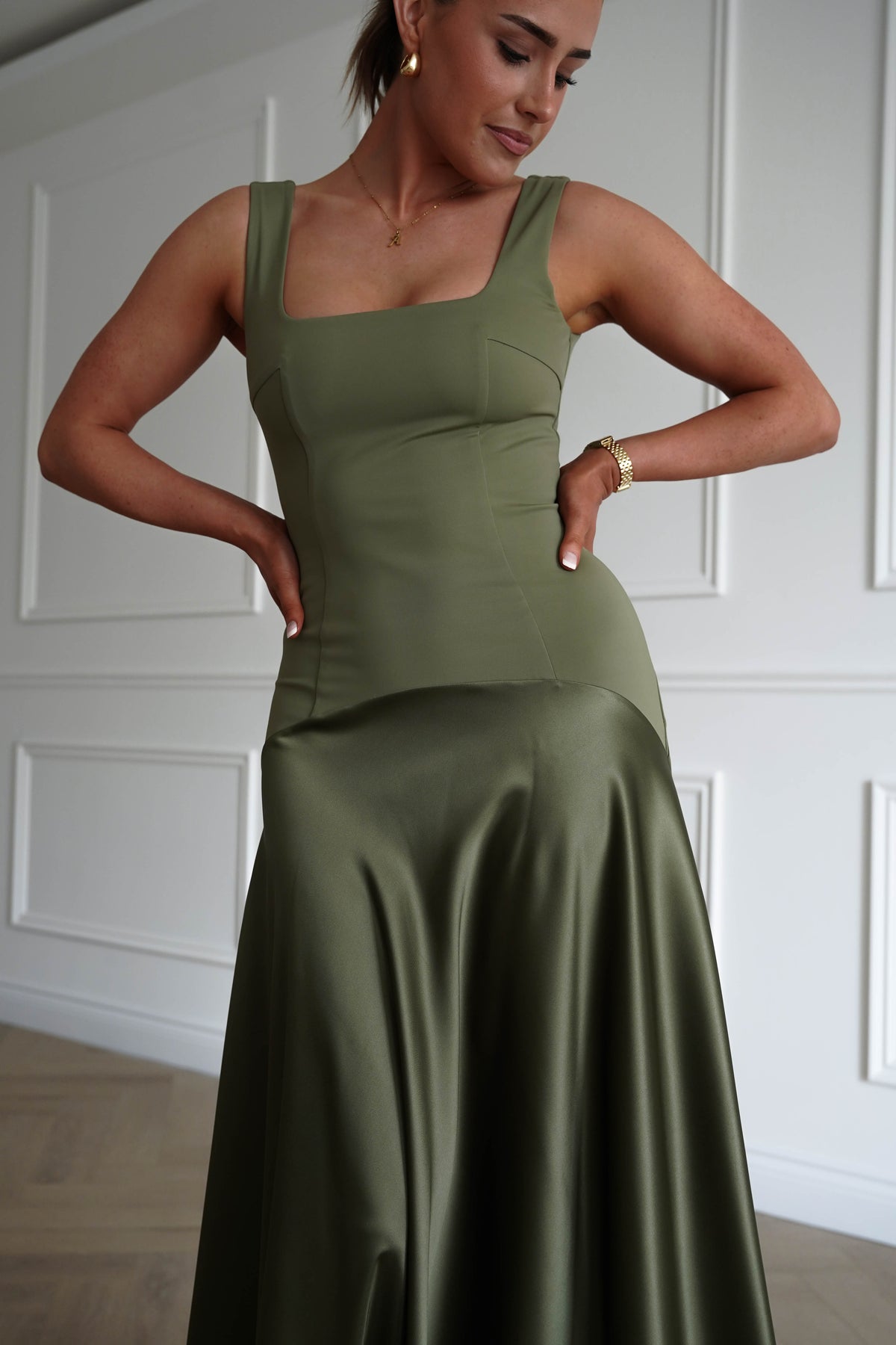 Elena Square Neck Soft Satin Maxi Dress | Olive-Oh Hello Clothing