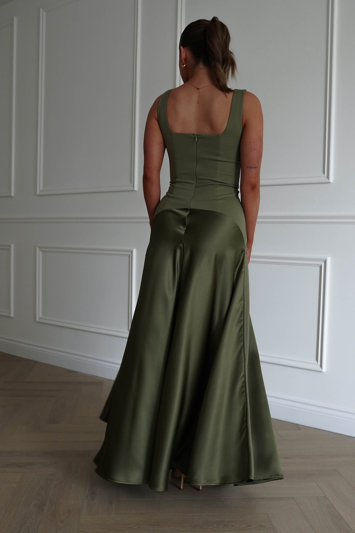 Elena Square Neck Soft Satin Maxi Dress | Olive-Oh Hello Clothing