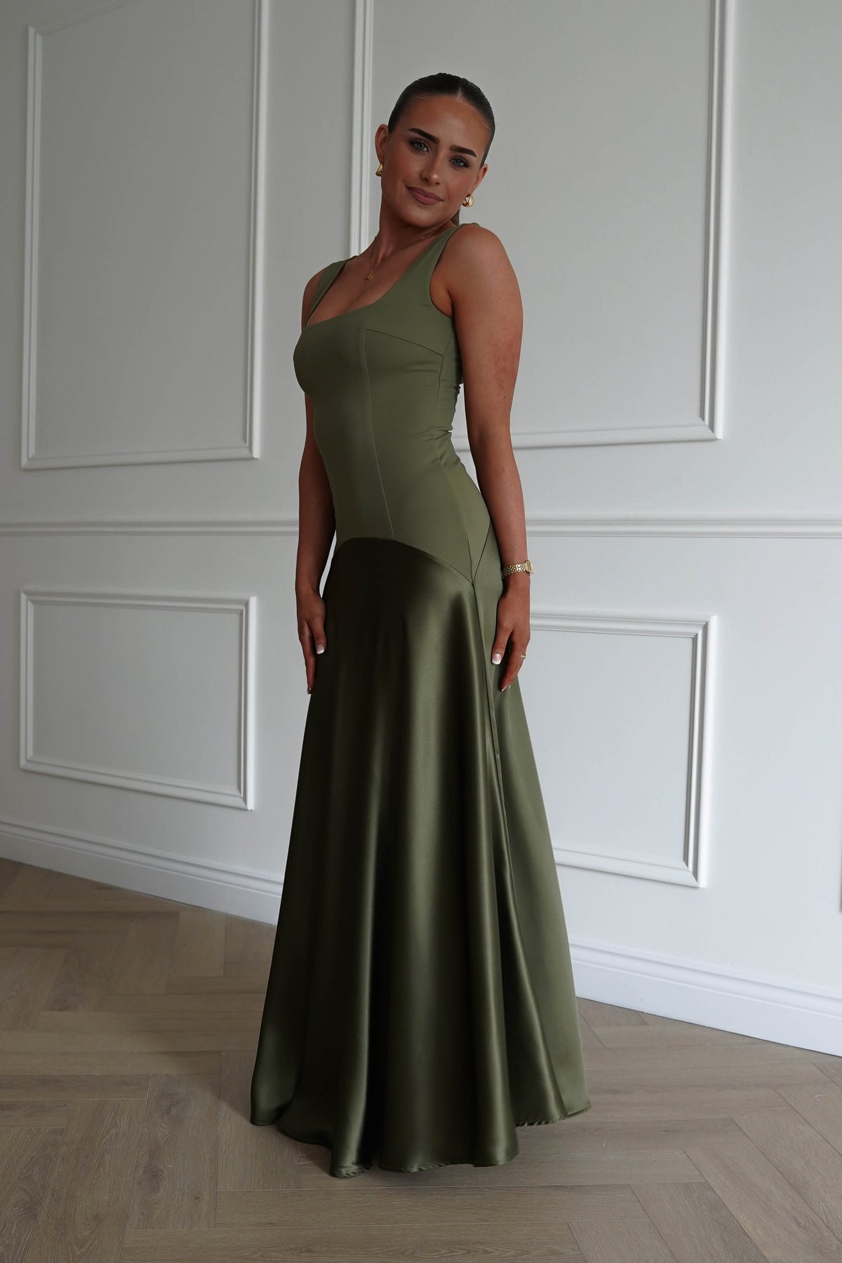 Elena Square Neck Soft Satin Maxi Dress | Olive-Oh Hello Clothing
