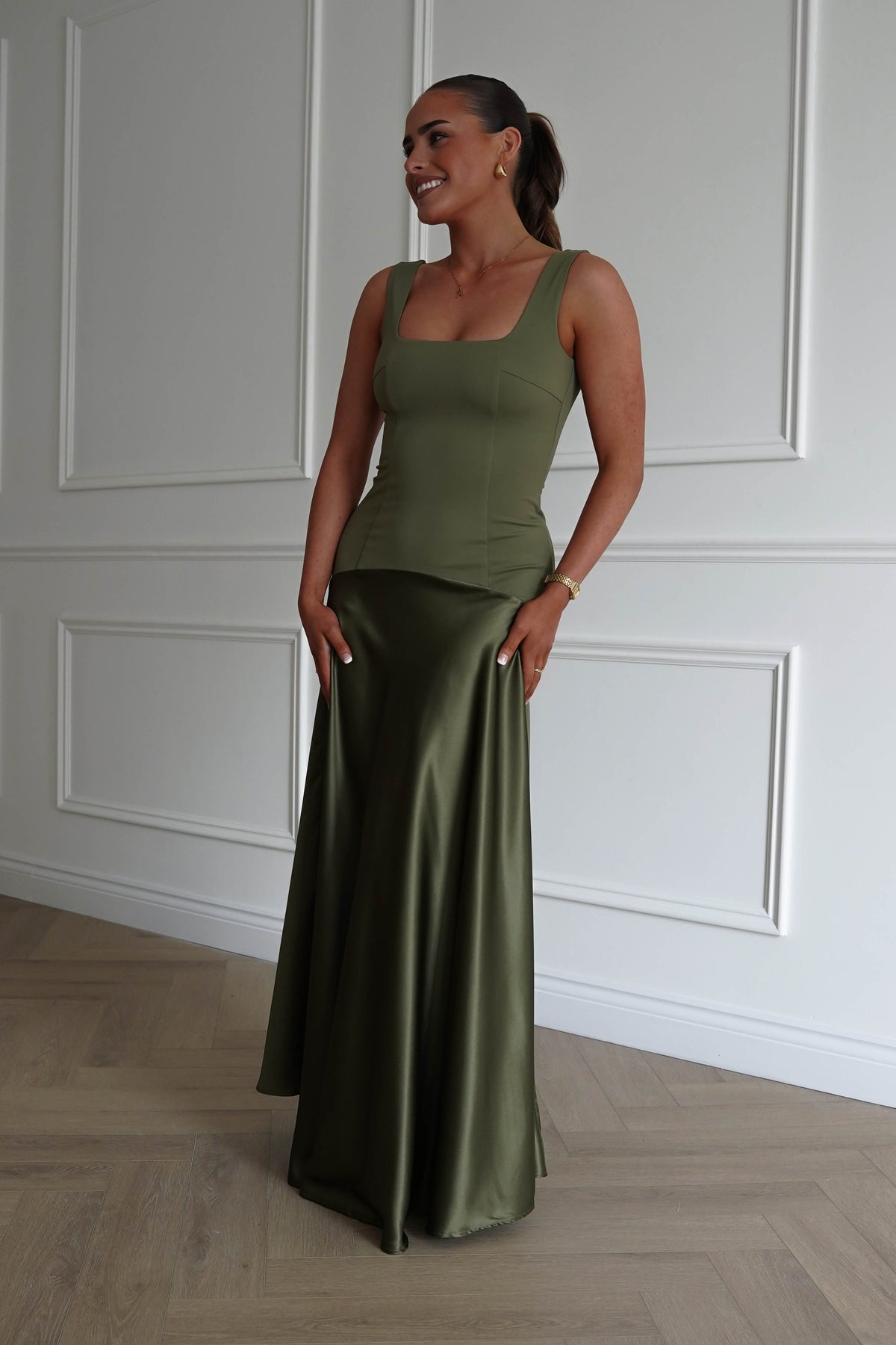 Elena Square Neck Soft Satin Maxi Dress | Olive-Oh Hello Clothing