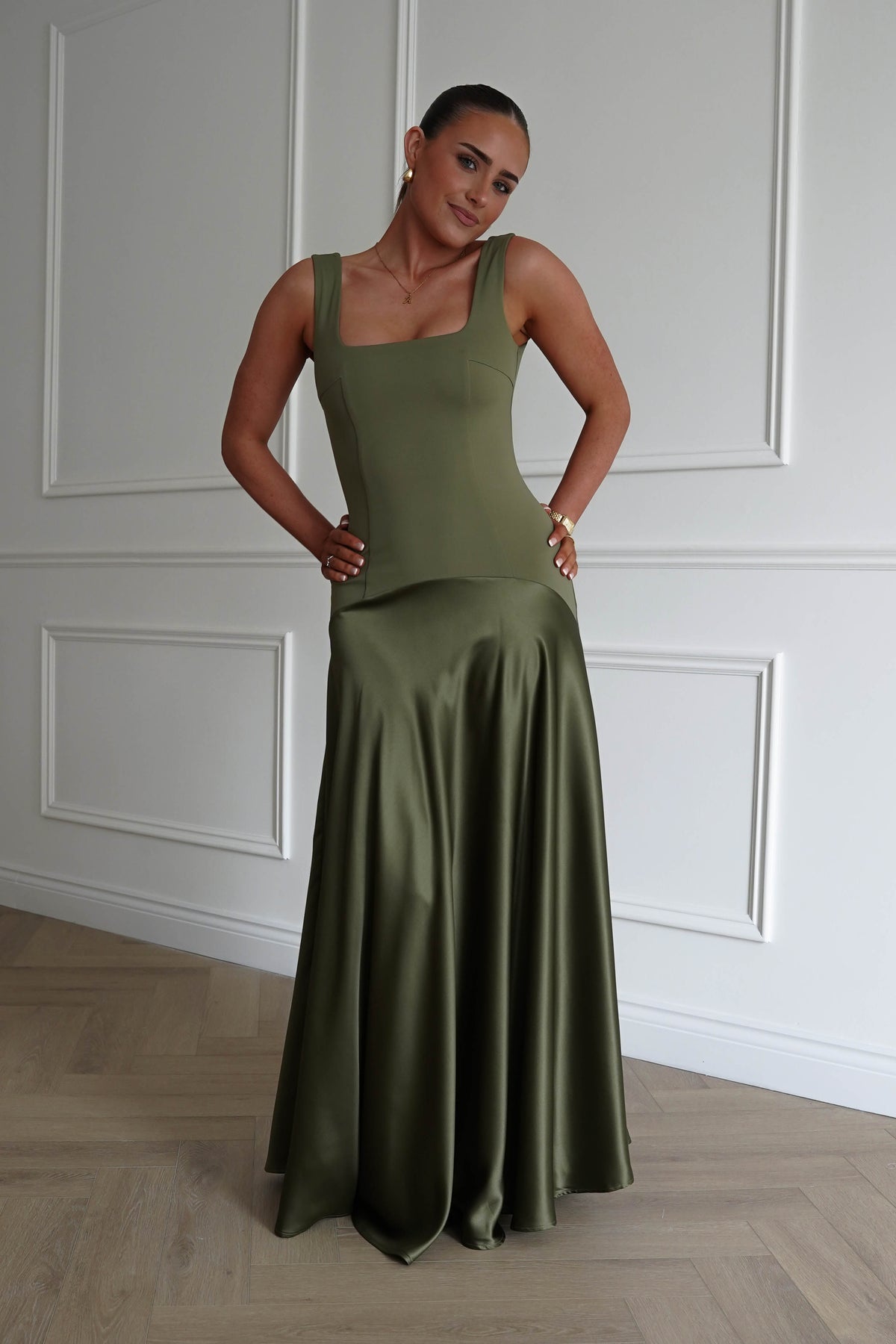 Elena Square Neck Soft Satin Maxi Dress | Olive-Oh Hello Clothing