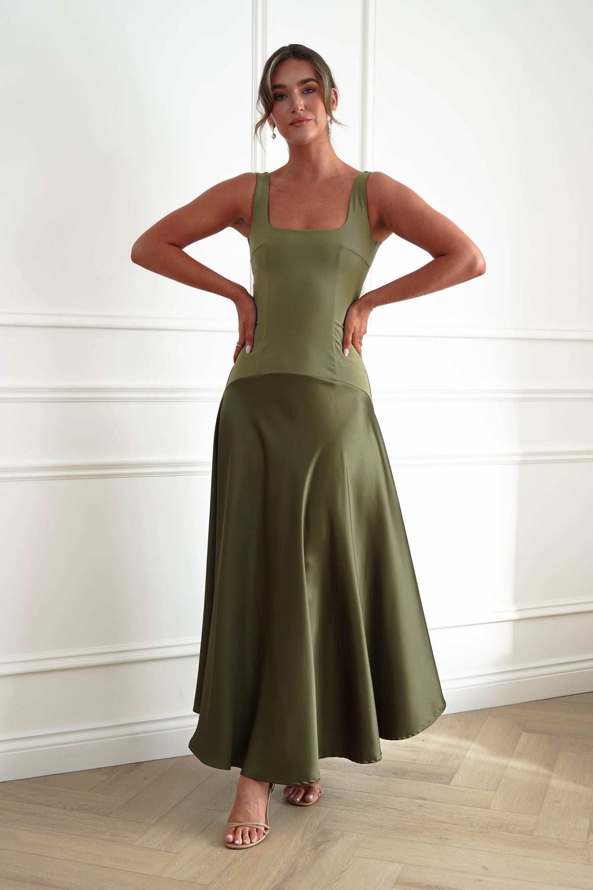 Elena Square Neck Soft Satin Maxi Dress | Olive-Oh Hello Clothing