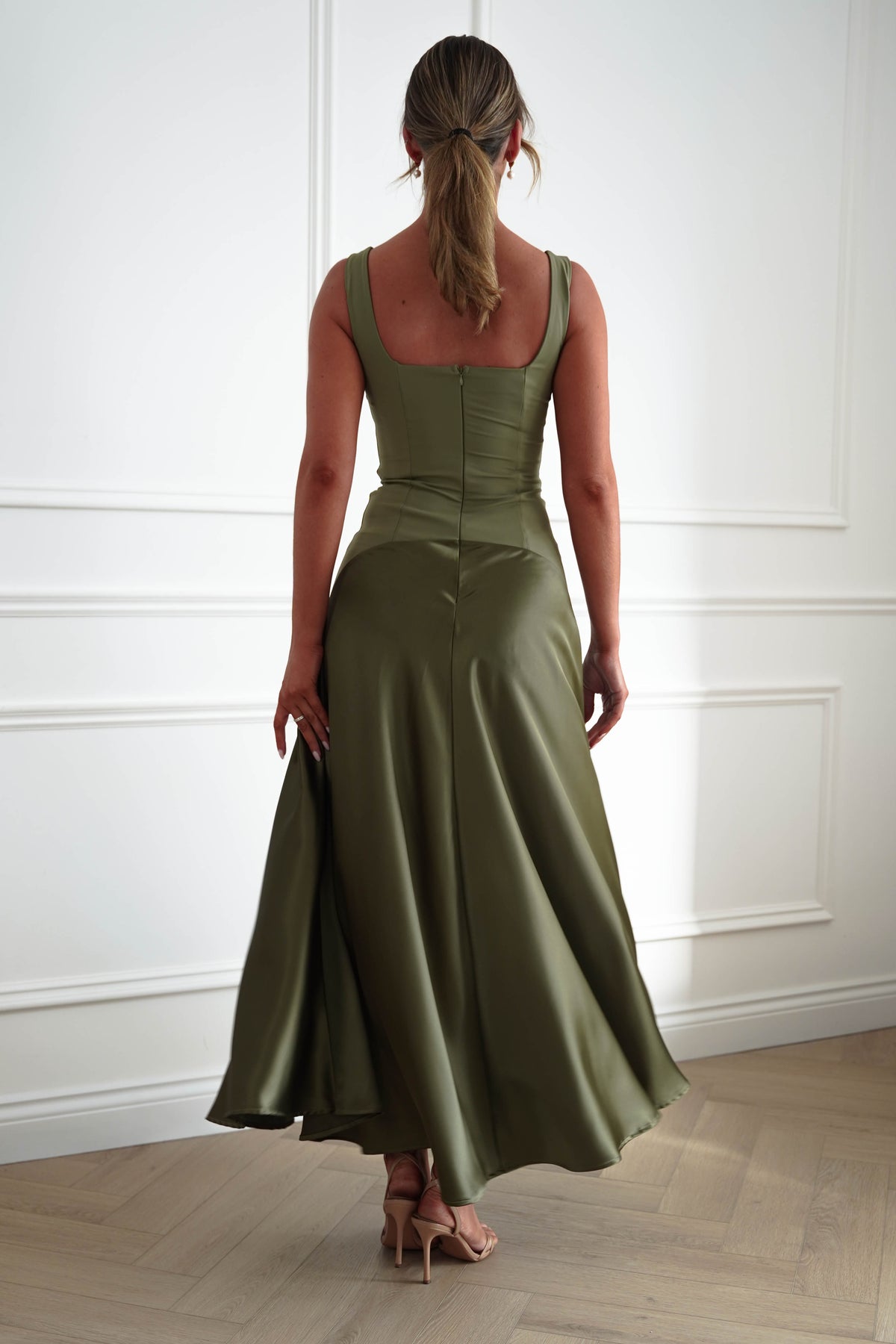 Elena Square Neck Soft Satin Maxi Dress | Olive-Oh Hello Clothing