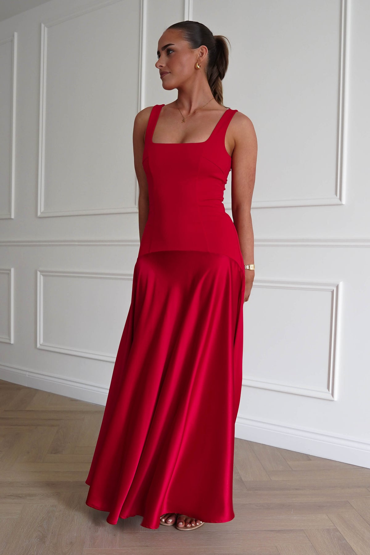 Elena Square Neck Soft Satin Maxi Dress | Red-Oh Hello Clothing