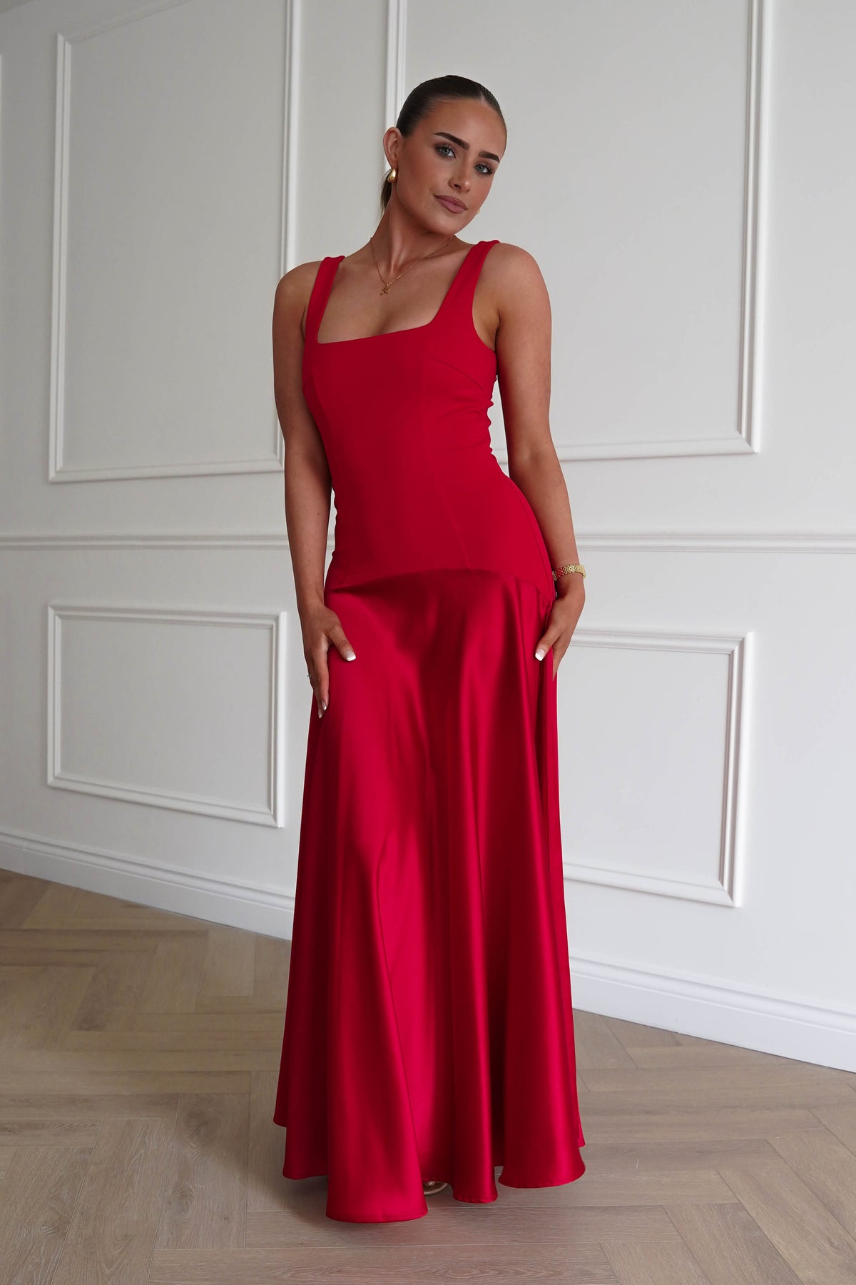 Elena Square Neck Soft Satin Maxi Dress | Red-Oh Hello Clothing