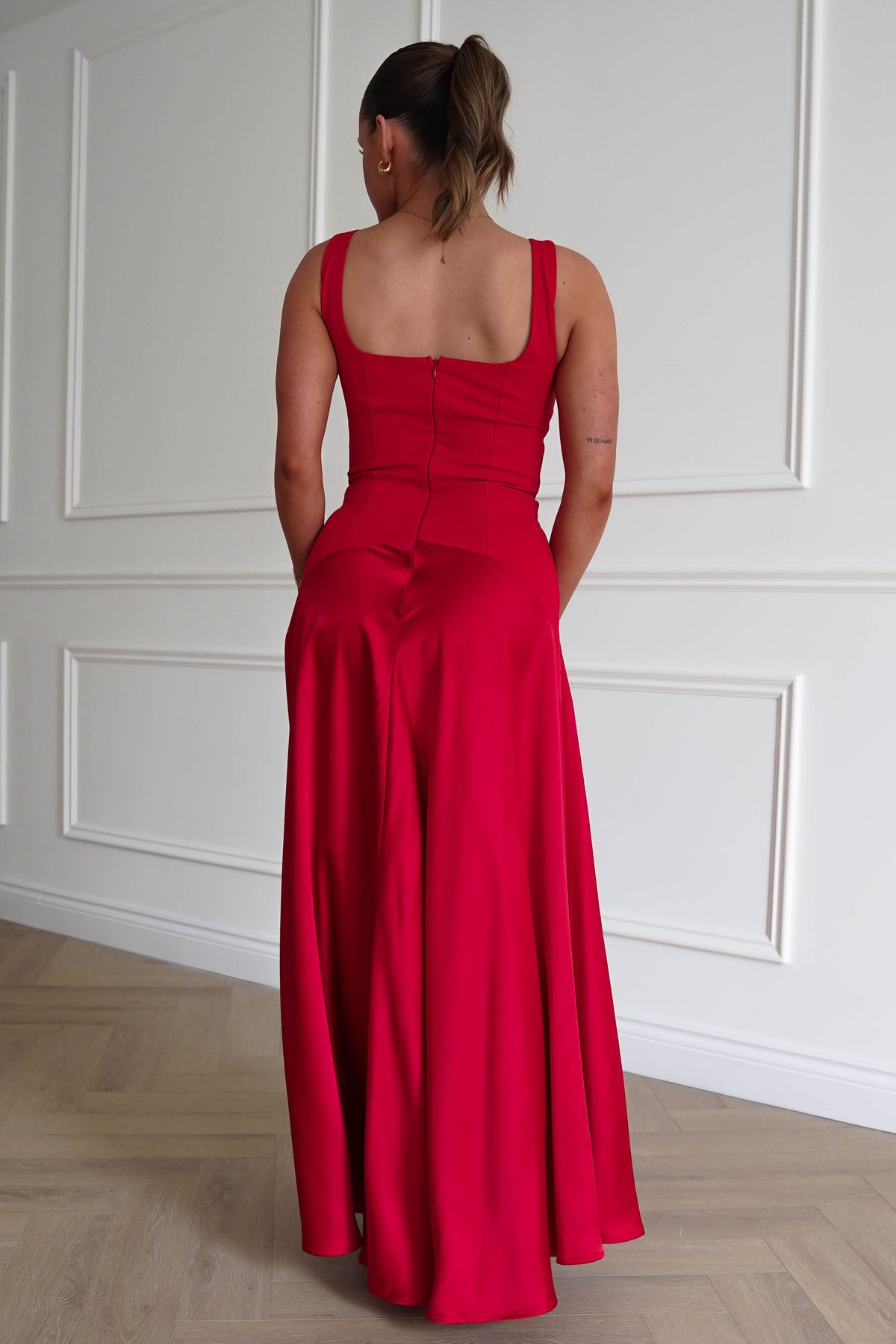 Elena Square Neck Soft Satin Maxi Dress | Red-Oh Hello Clothing