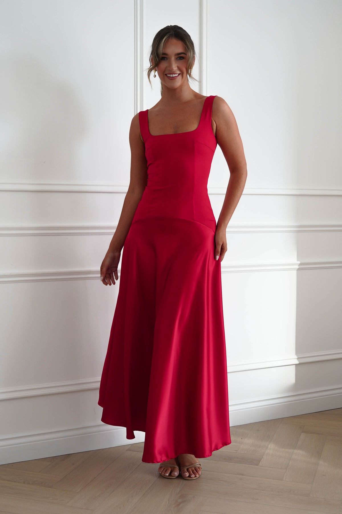 Elena Square Neck Soft Satin Maxi Dress | Red