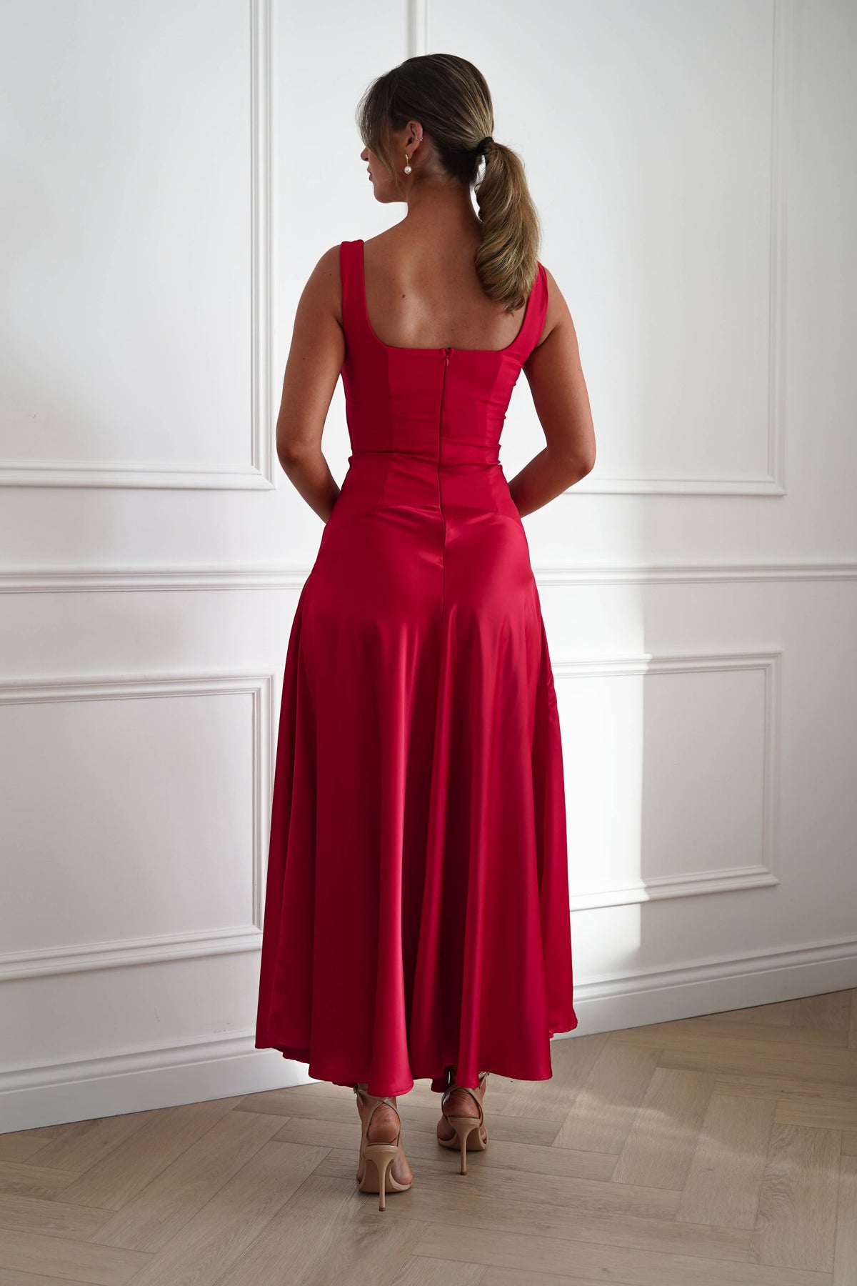 Elena Square Neck Soft Satin Maxi Dress | Red-Oh Hello Clothing