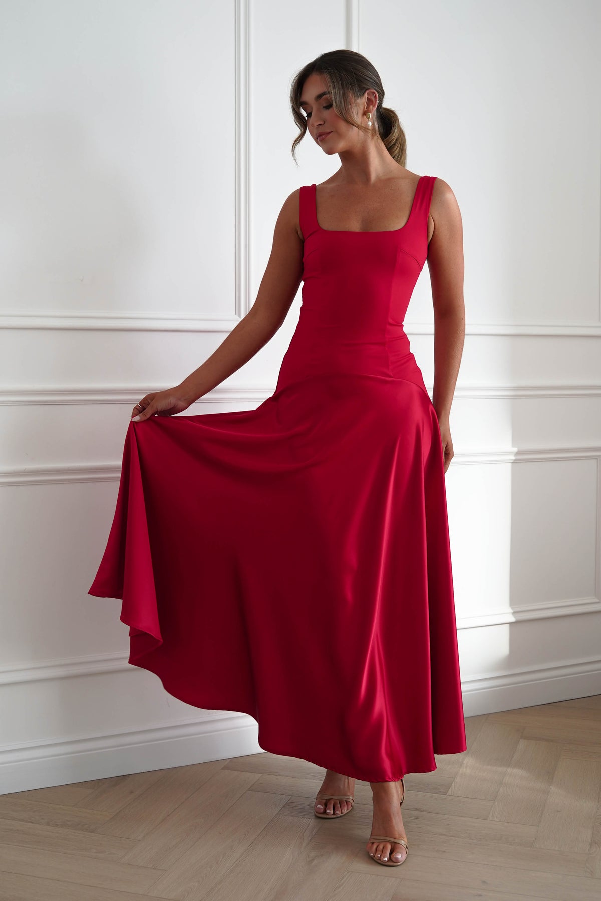 Elena Square Neck Soft Satin Maxi Dress | Red-Oh Hello Clothing