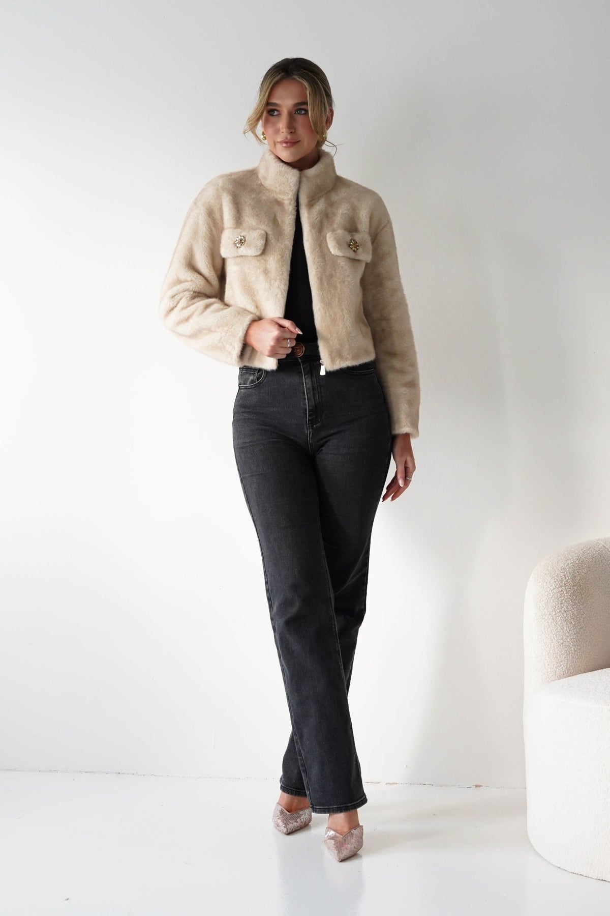 Elie Faux Fur Cropped Coat | Beige-Oh Hello Clothing