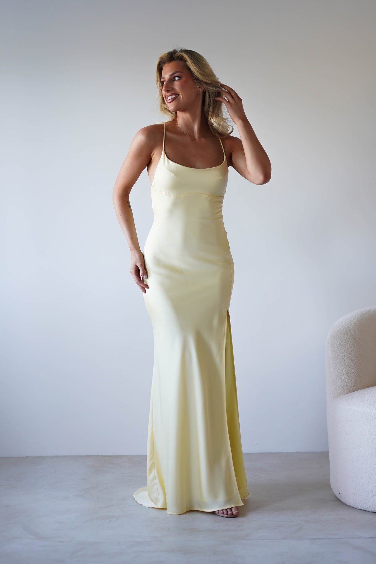 Elsa Matte Satin Maxi Gown | Yellow-Oh Hello Clothing