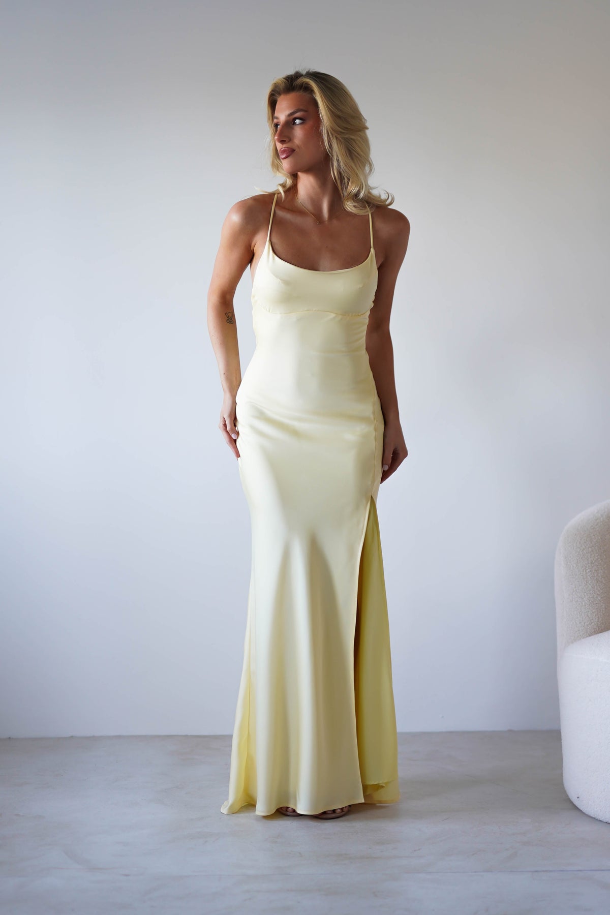 Elsa Matte Satin Maxi Gown | Yellow-Oh Hello Clothing