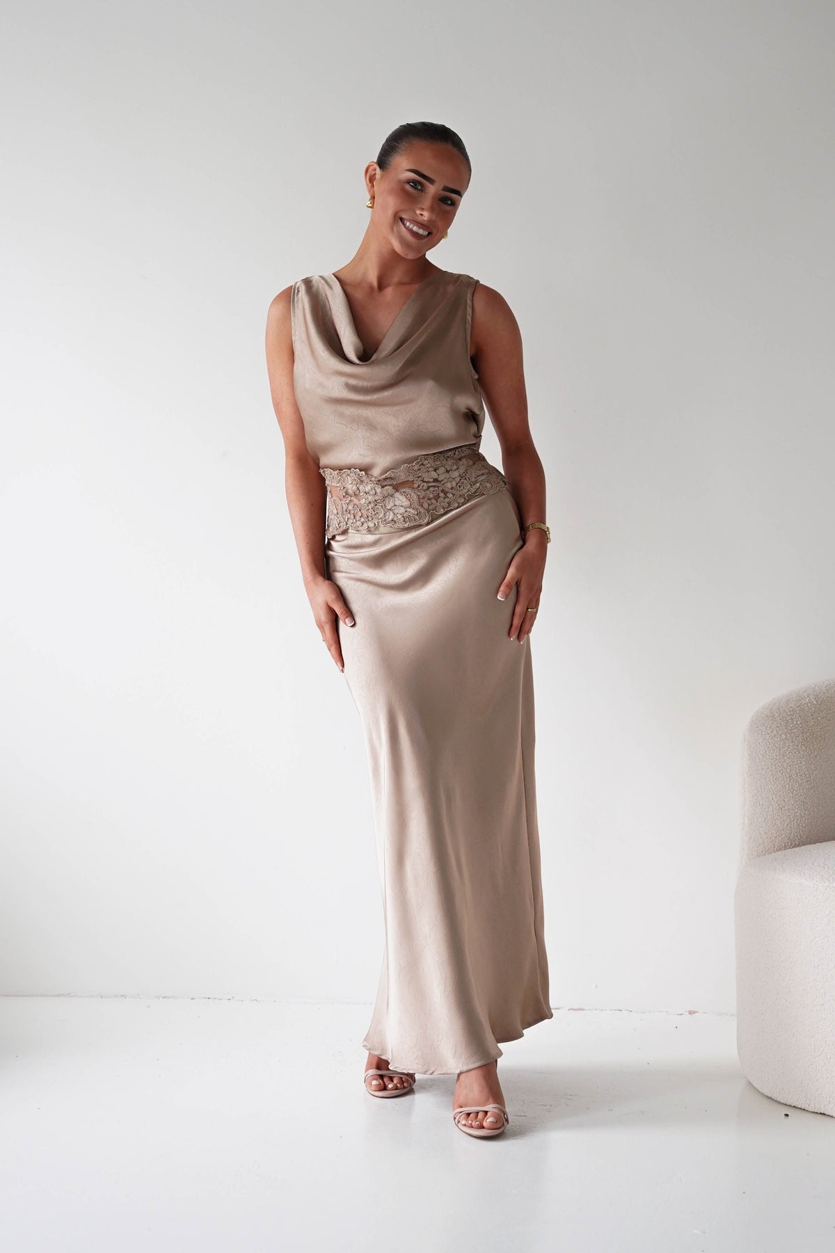 Elsa Satin Set With Lace Detail | Beige-Oh Hello Clothing