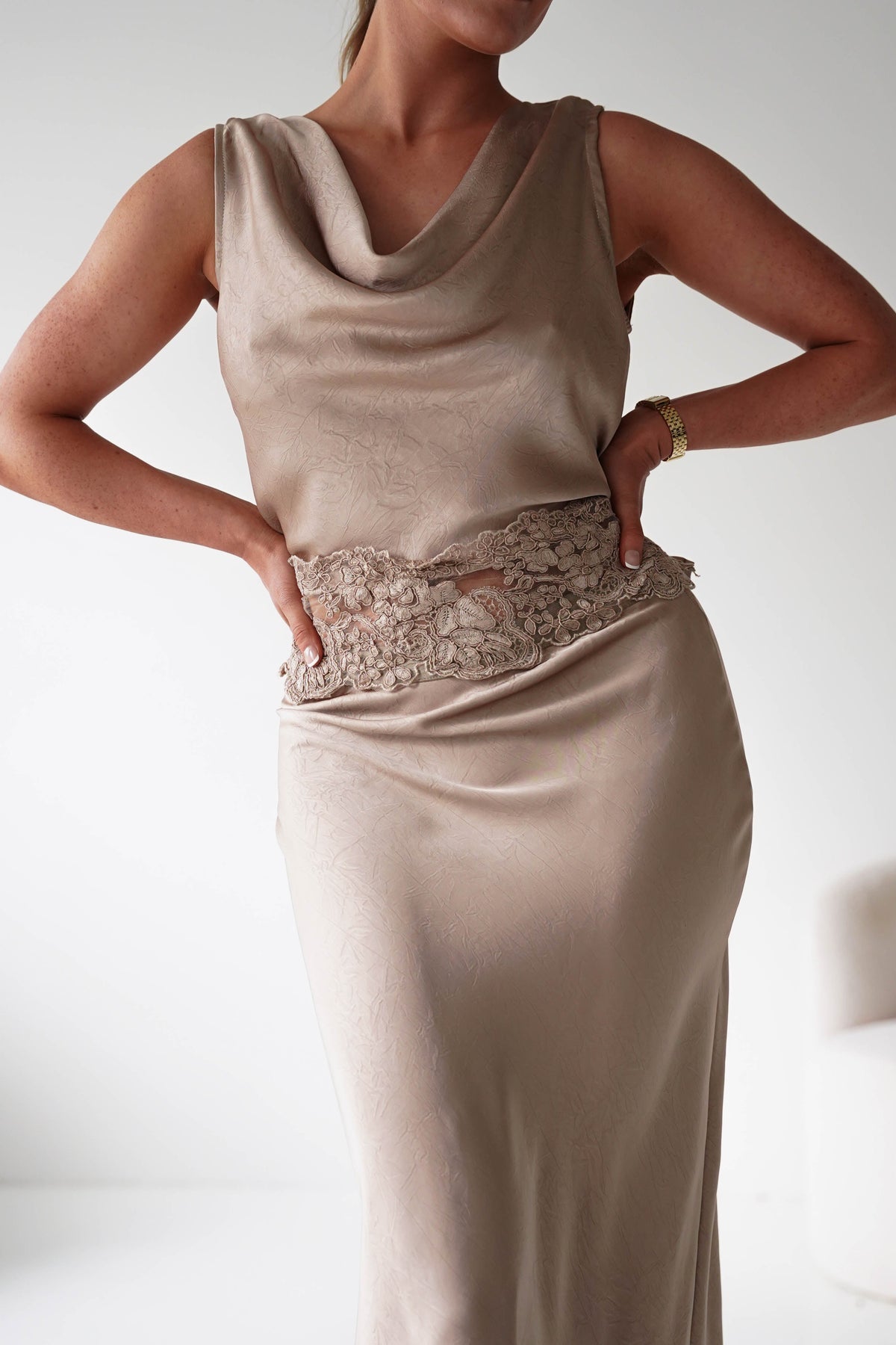 Elsa Satin Set With Lace Detail | Beige-Oh Hello Clothing